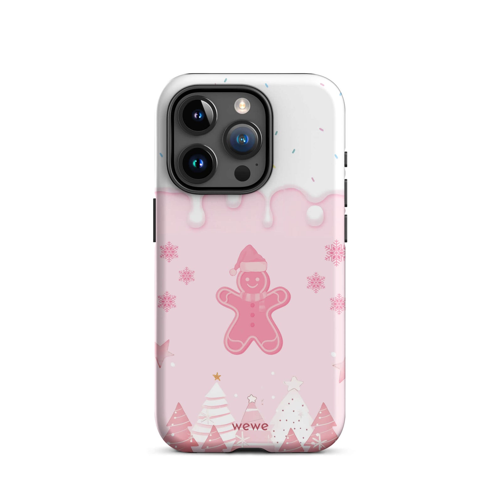 Custom iPhone 15 pro tough case featuring a white top panel with colorful sprinkles and a pink icing drip border, showcasing a cute gingerbread man wearing a Santa hat, surrounded by pink snowflakes and stylized pink/white Christmas trees, with 'wewe' branding at the bottom.