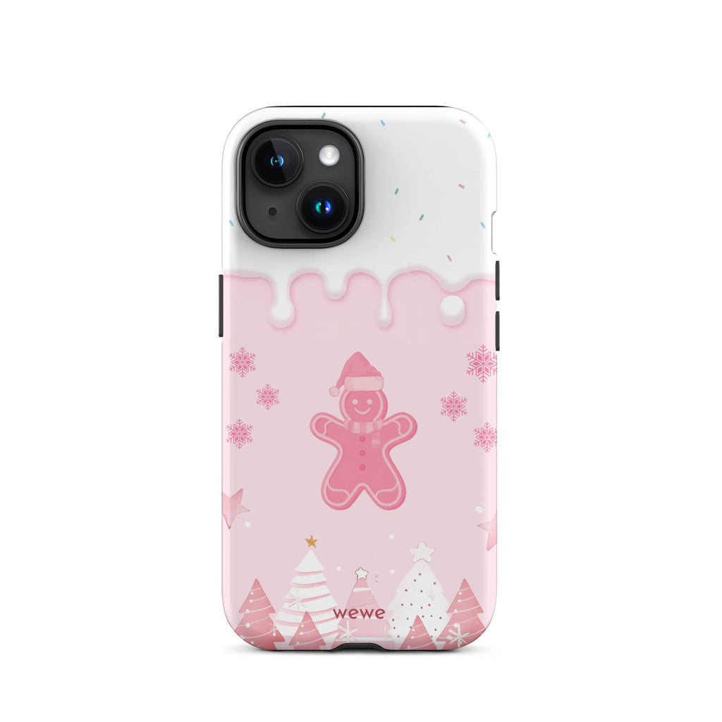 Custom iPhone 15 tough case featuring a white top panel with colorful sprinkles and a pink icing drip border, showcasing a cute gingerbread man wearing a Santa hat, surrounded by pink snowflakes and stylized pink/white Christmas trees, with 'wewe' branding at the bottom.