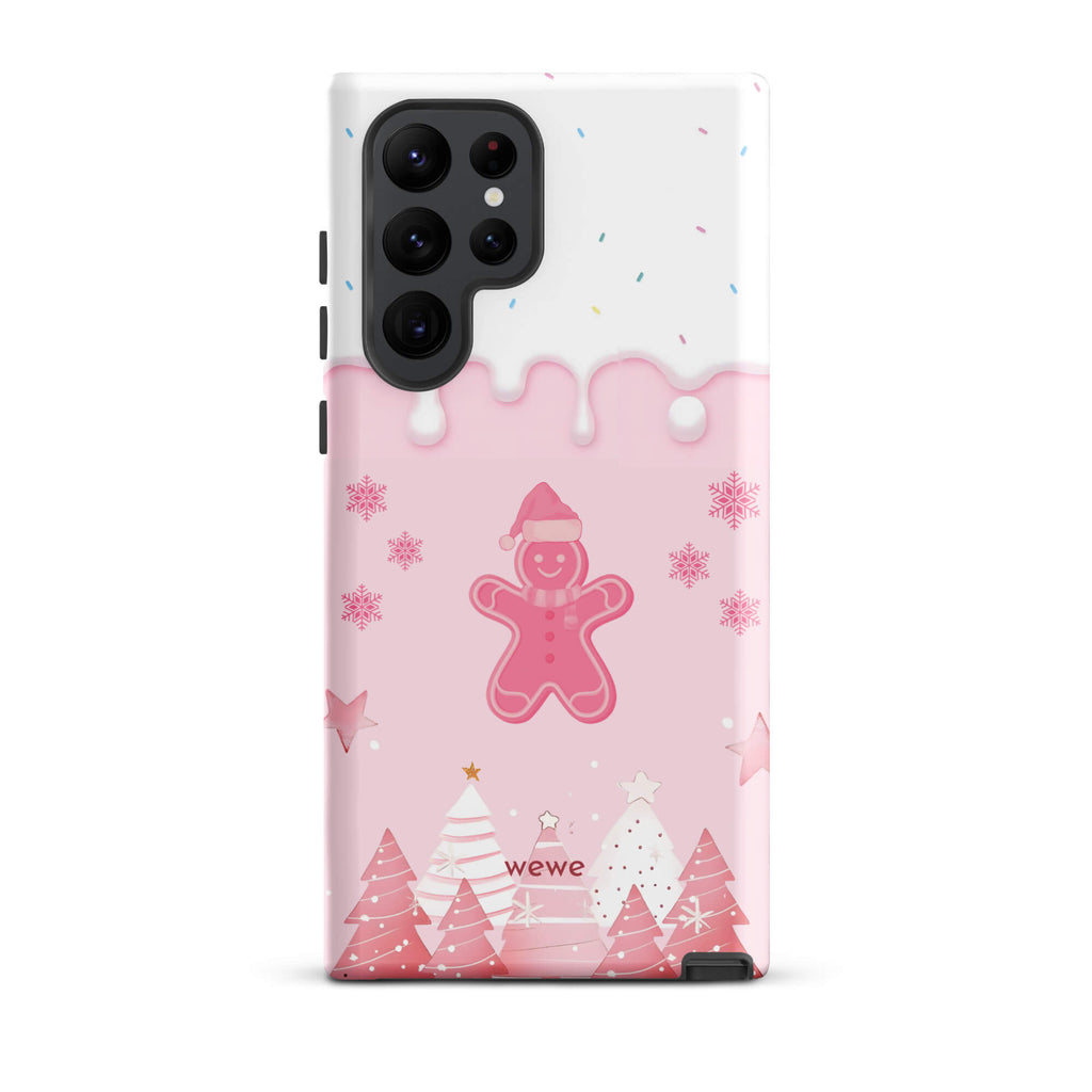 Custom samsung galaxy s22 ultra tough case featuring a white top panel with colorful sprinkles and a pink icing drip border, showcasing a cute gingerbread man wearing a Santa hat, surrounded by pink snowflakes and stylized pink/white Christmas trees, with 'wewe' branding at the bottom.
