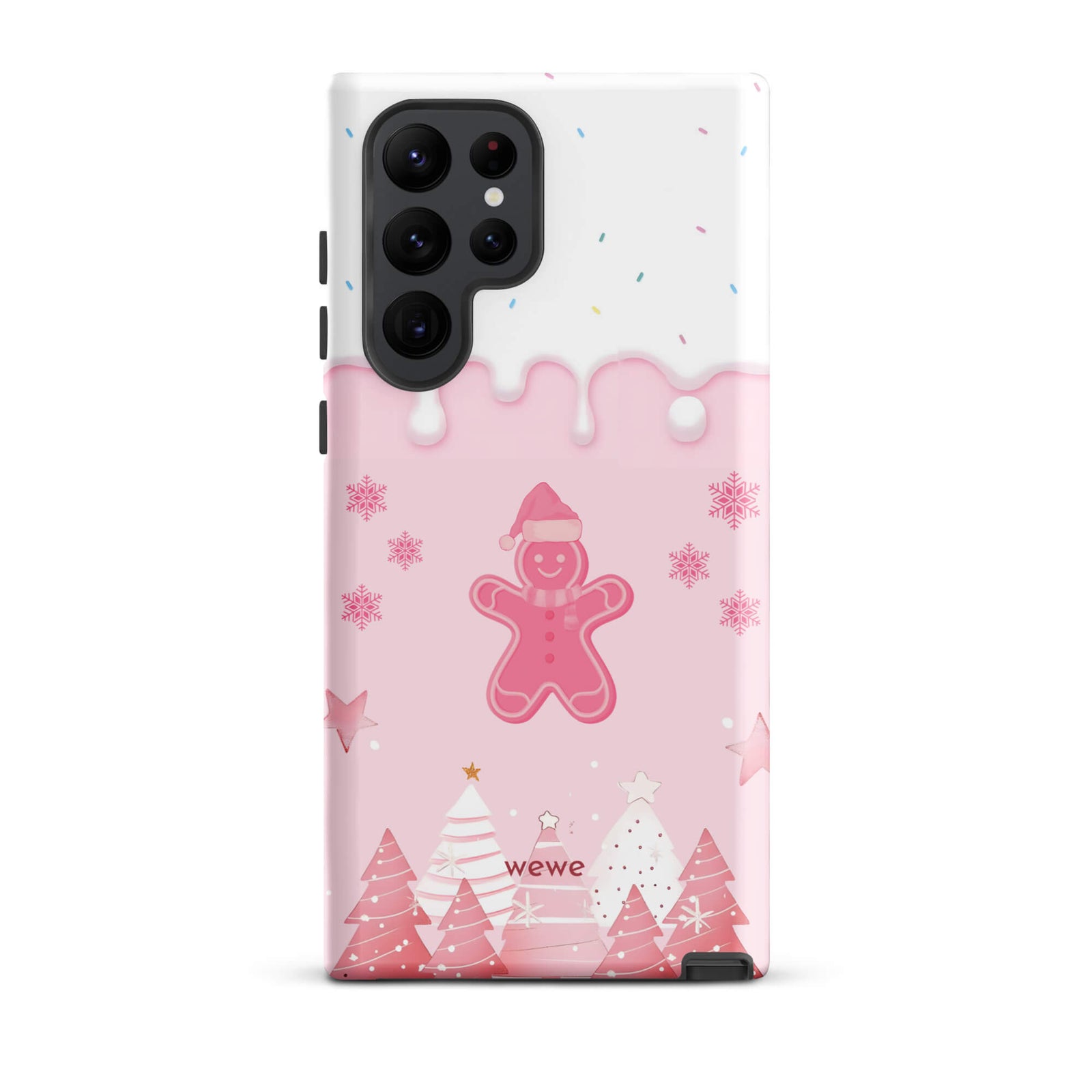 Custom samsung galaxy s22 ultra tough case featuring a white top panel with colorful sprinkles and a pink icing drip border, showcasing a cute gingerbread man wearing a Santa hat, surrounded by pink snowflakes and stylized pink/white Christmas trees, with 'wewe' branding at the bottom.
