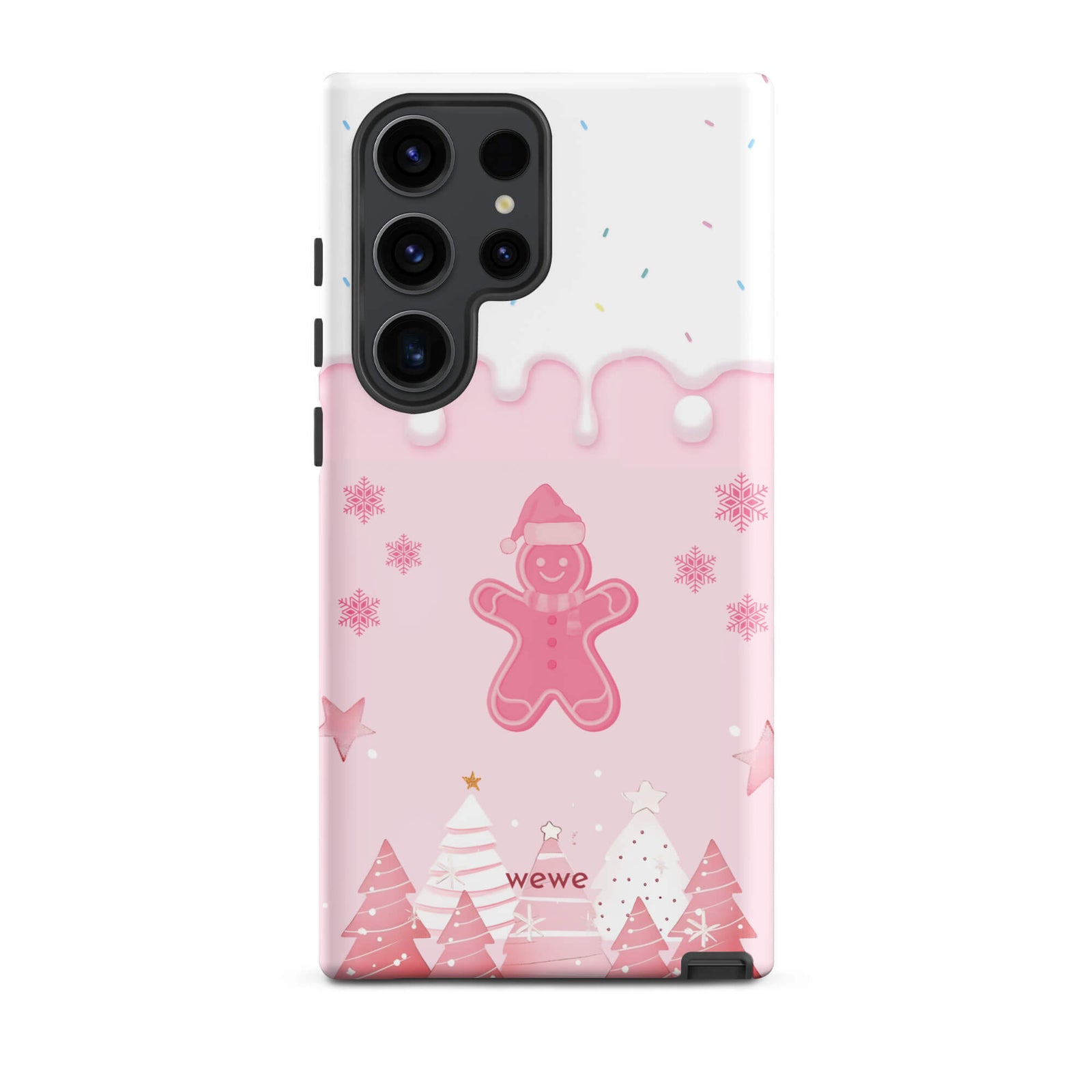 Custom samsung galaxy s23 ultra tough case featuring a white top panel with colorful sprinkles and a pink icing drip border, showcasing a cute gingerbread man wearing a Santa hat, surrounded by pink snowflakes and stylized pink/white Christmas trees, with 'wewe' branding at the bottom.