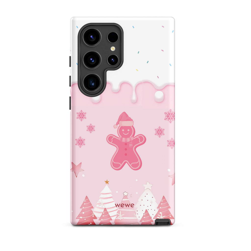 Custom samsung galaxy s24 ultra tough case featuring a white top panel with colorful sprinkles and a pink icing drip border, showcasing a cute gingerbread man wearing a Santa hat, surrounded by pink snowflakes and stylized pink/white Christmas trees, with 'wewe' branding at the bottom.