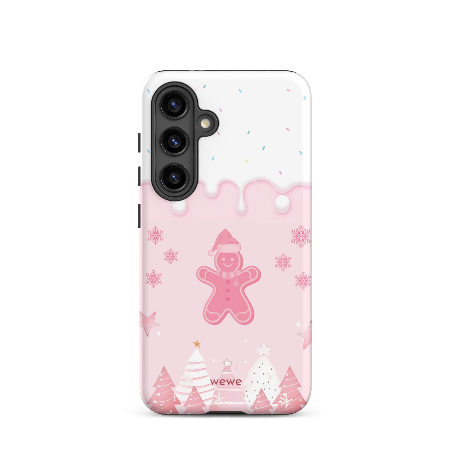 Custom samsung galaxy s24 tough case featuring a white top panel with colorful sprinkles and a pink icing drip border, showcasing a cute gingerbread man wearing a Santa hat, surrounded by pink snowflakes and stylized pink/white Christmas trees, with 'wewe' branding at the bottom.