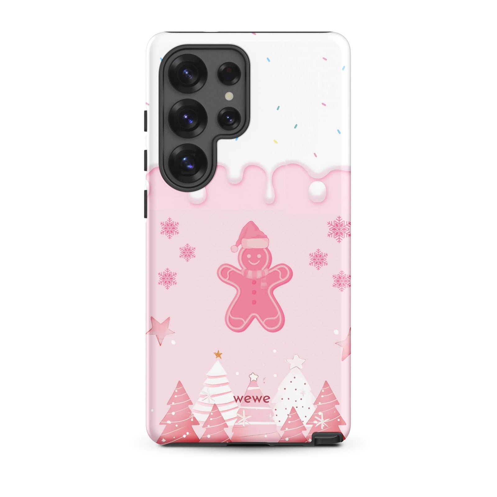Custom samsung galaxy s25 ultra tough case featuring a white top panel with colorful sprinkles and a pink icing drip border, showcasing a cute gingerbread man wearing a Santa hat, surrounded by pink snowflakes and stylized pink/white Christmas trees, with 'wewe' branding at the bottom.
