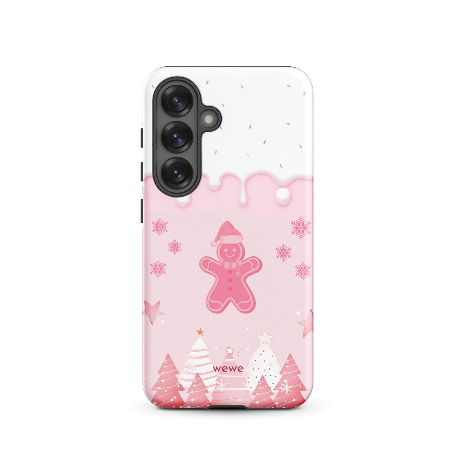 Custom samsung galaxy s25 tough case featuring a white top panel with colorful sprinkles and a pink icing drip border, showcasing a cute gingerbread man wearing a Santa hat, surrounded by pink snowflakes and stylized pink/white Christmas trees, with 'wewe' branding at the bottom.
