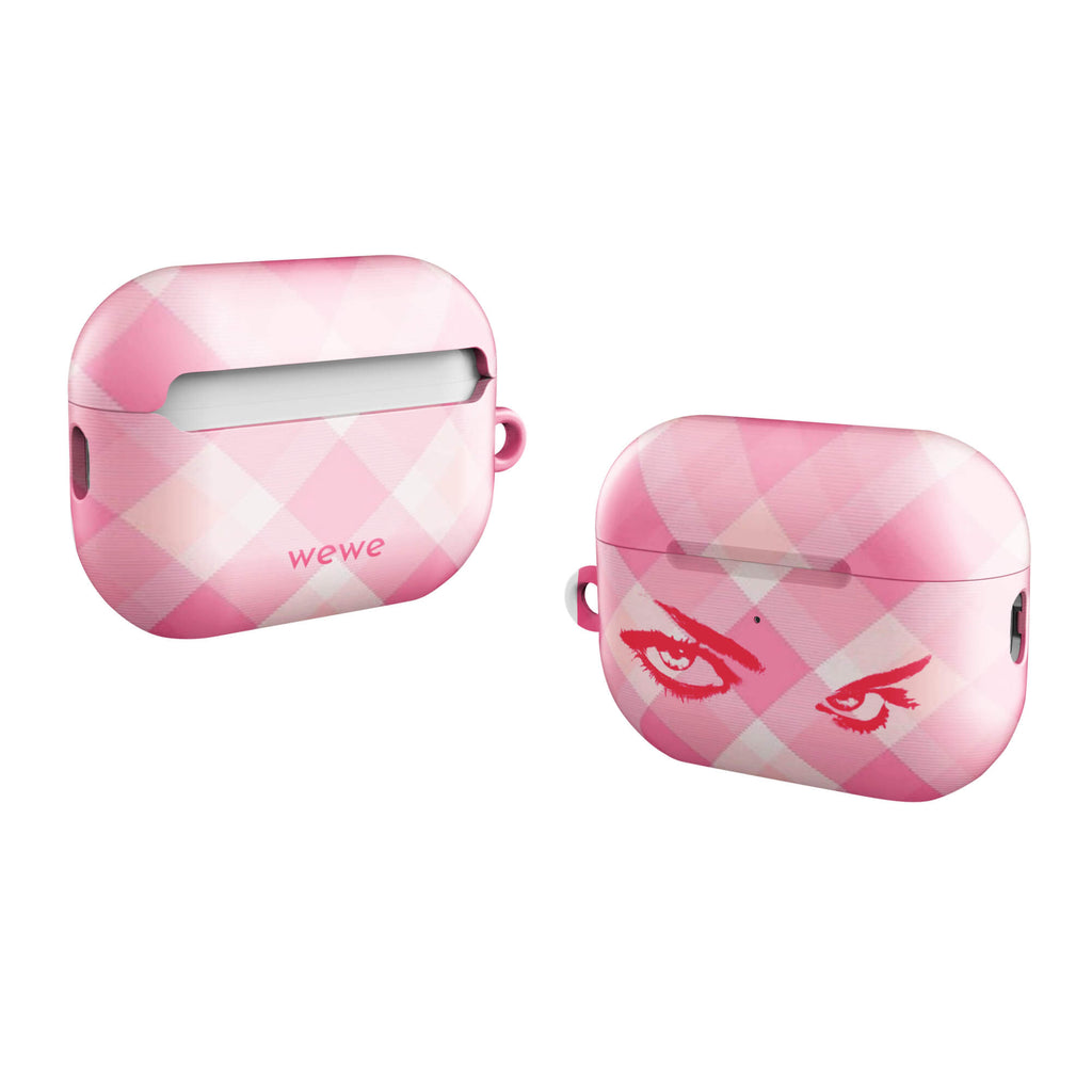Custom airpods case pro gen2 with a pink and white gingham checkered pattern and a graphic of intense pink eyes.