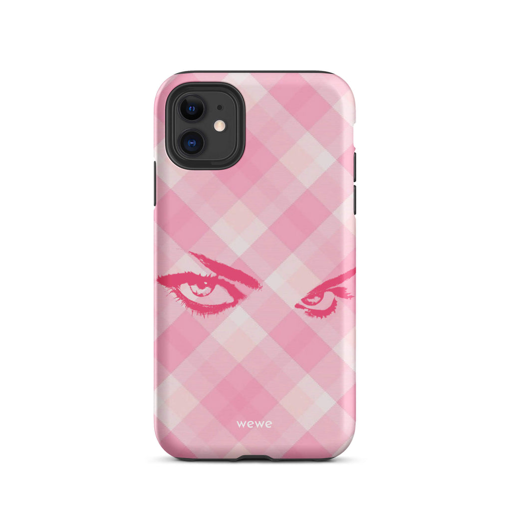 Custom iPhone case 11 with a pink and white gingham checkered pattern and a graphic of intense pink eyes.