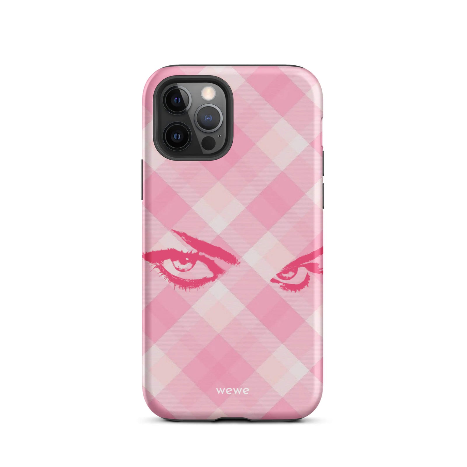 Custom iPhone case 12 pro with a pink and white gingham checkered pattern and a graphic of intense pink eyes.