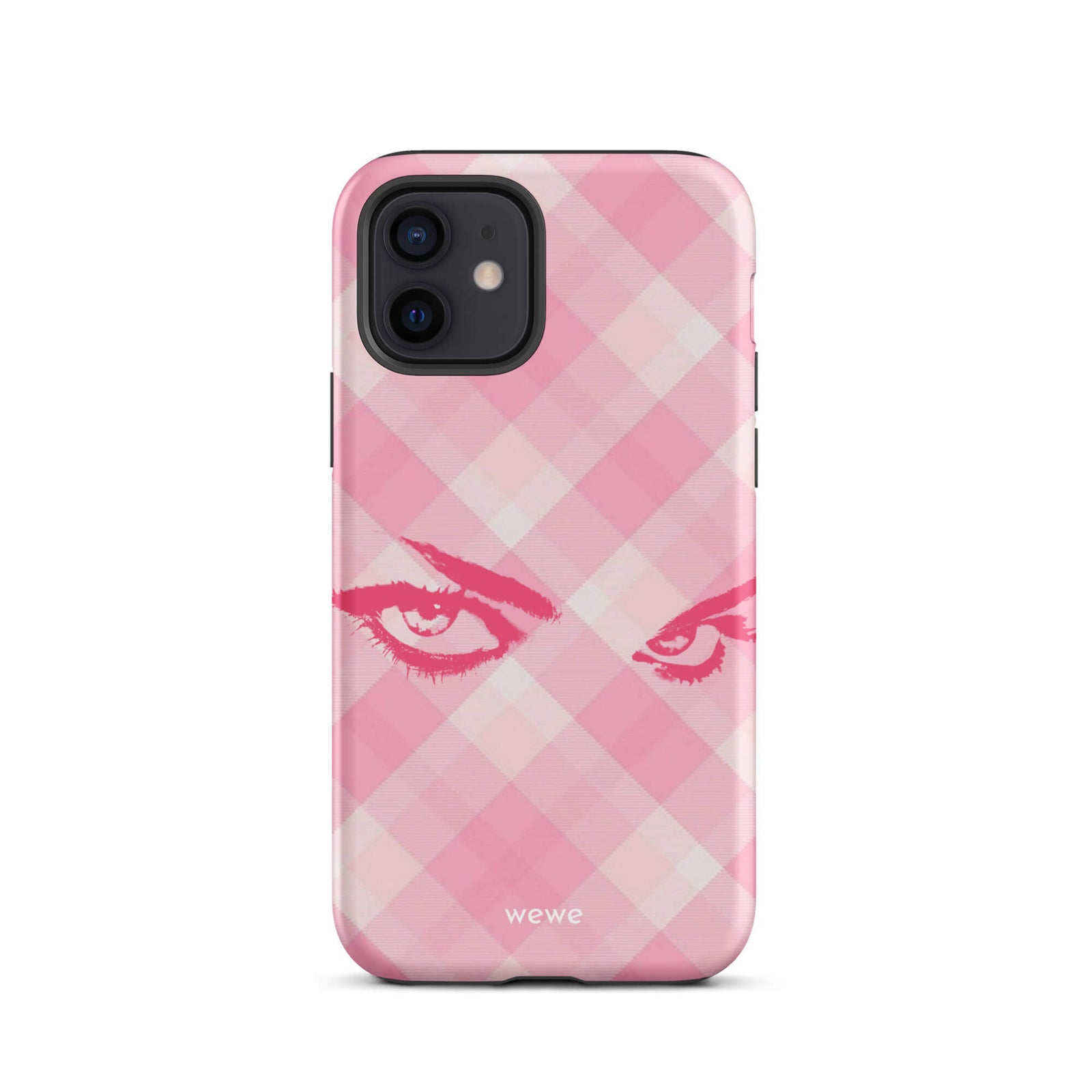 Custom iPhone case 12 with a pink and white gingham checkered pattern and a graphic of intense pink eyes.