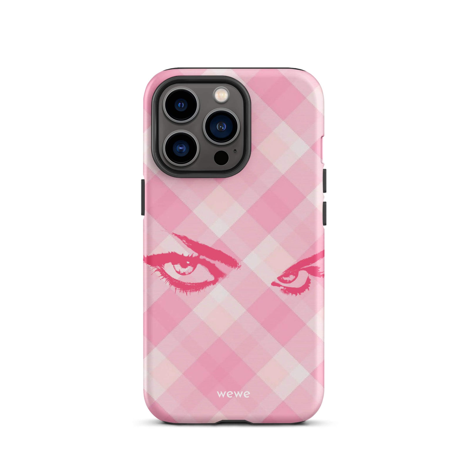 Custom iPhone case 13 pro with a pink and white gingham checkered pattern and a graphic of intense pink eyes.