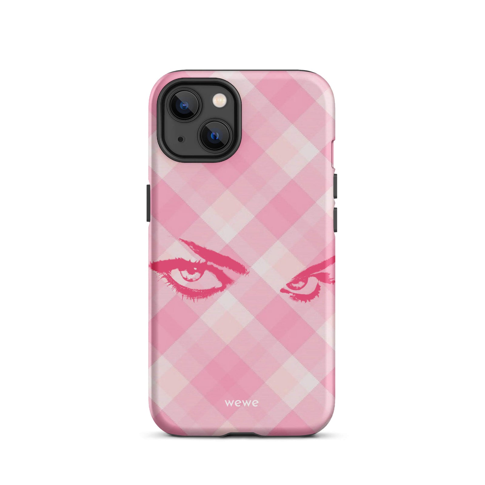 Custom iPhone case 13 with a pink and white gingham checkered pattern and a graphic of intense pink eyes.