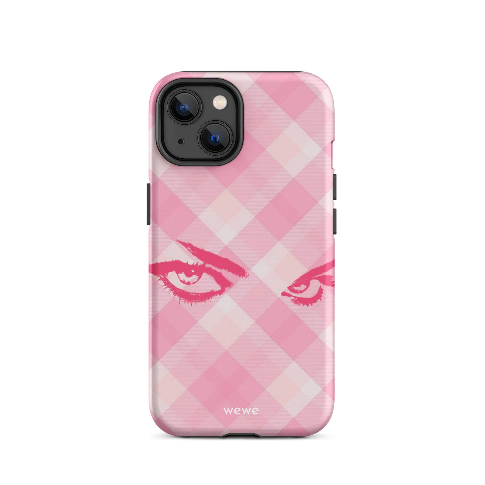 Custom iPhone case 14 with a pink and white gingham checkered pattern and a graphic of intense pink eyes.