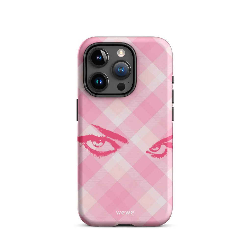 Custom iPhone case 15 pro with a pink and white gingham checkered pattern and a graphic of intense pink eyes.