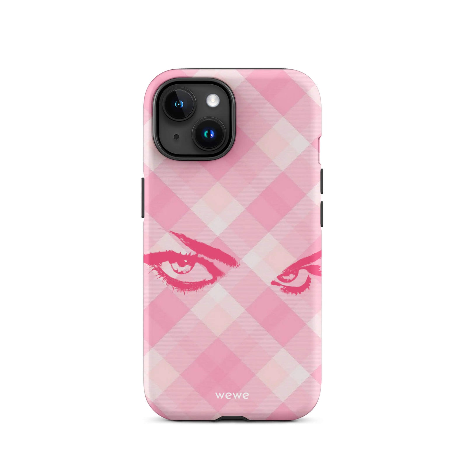 Custom iPhone case 15 with a pink and white gingham checkered pattern and a graphic of intense pink eyes.