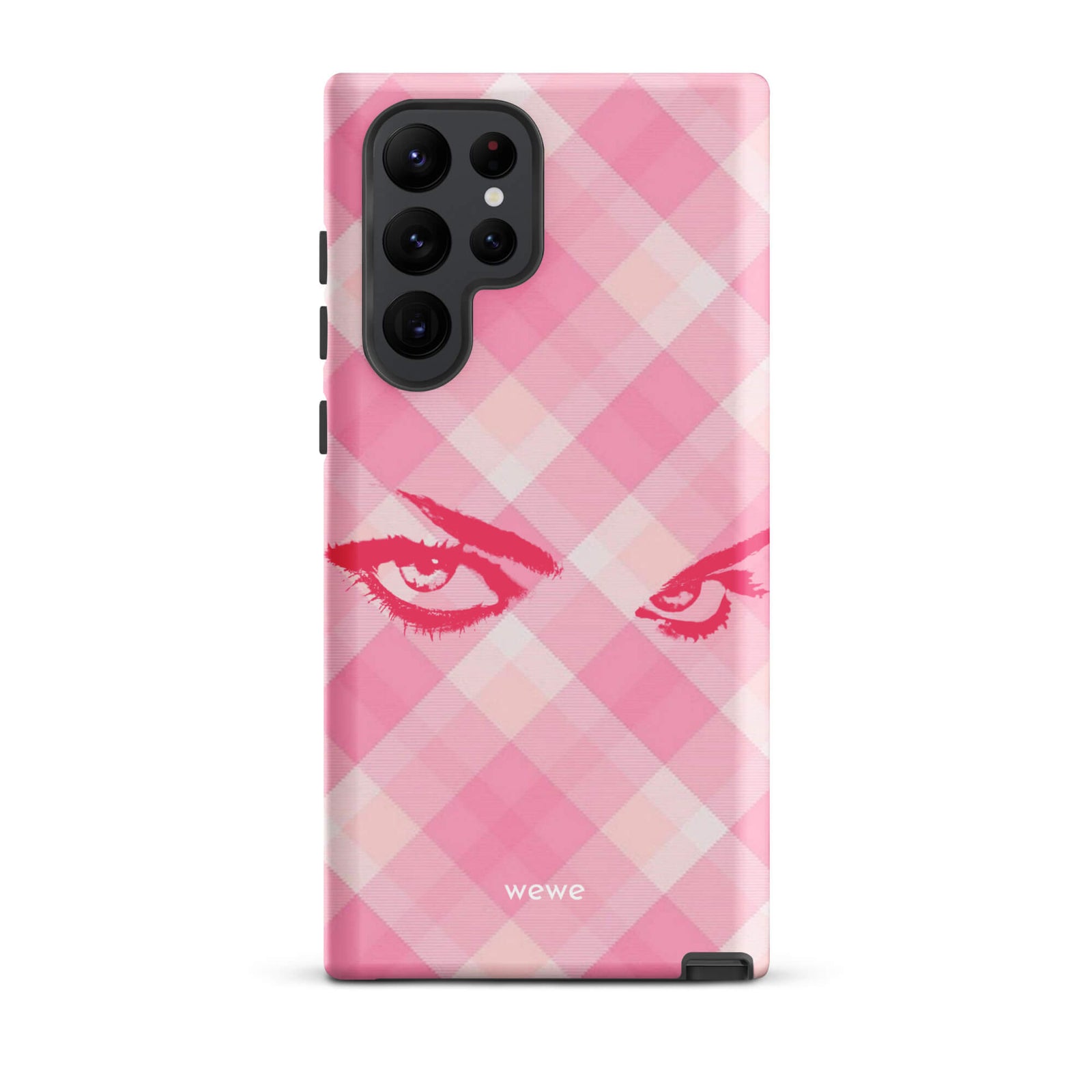 Custom samsung galaxy s22 ultra  Phone case with a pink and white gingham checkered pattern and a graphic of intense pink eyes.