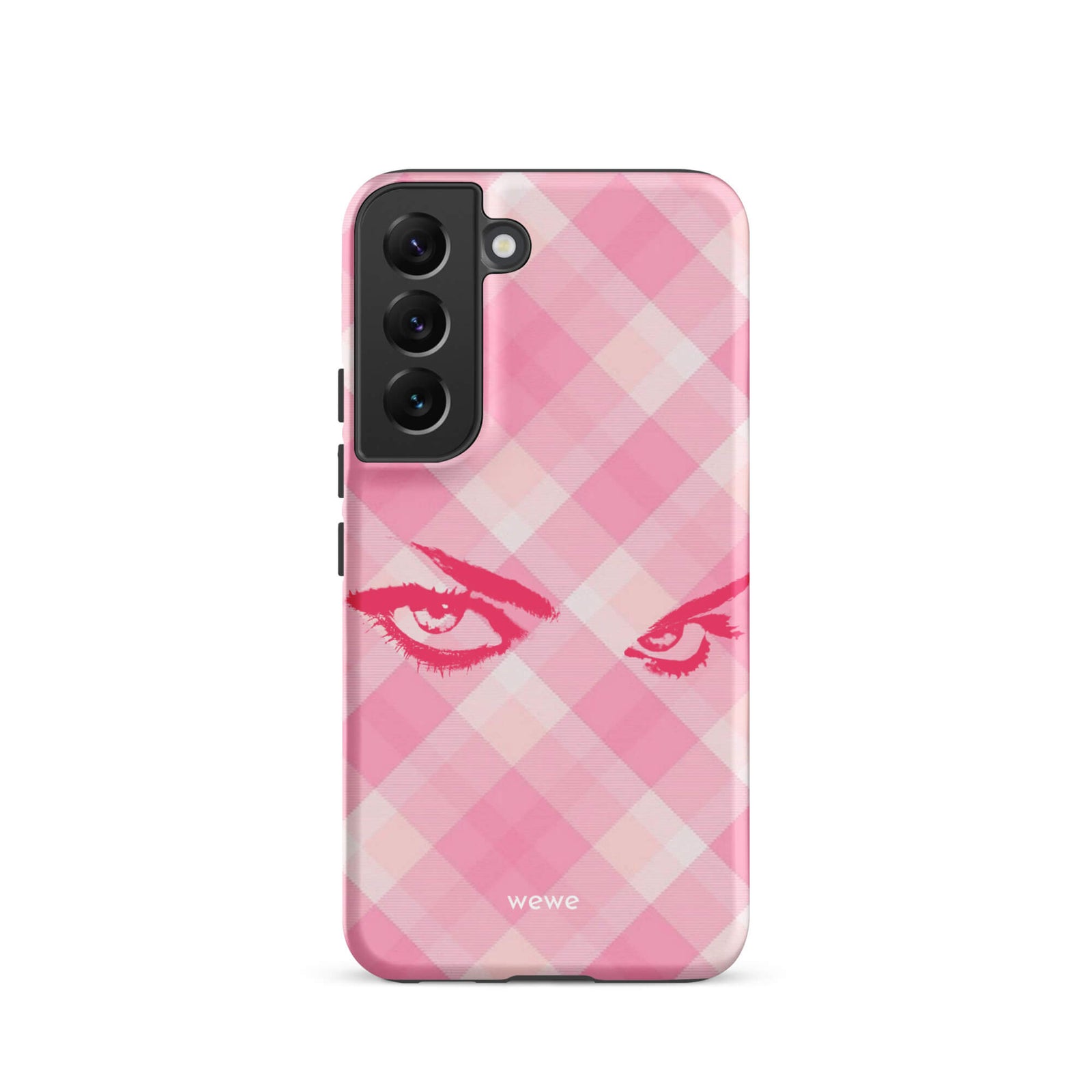 Custom samsung galaxy s22 Phone case with a pink and white gingham checkered pattern and a graphic of intense pink eyes.