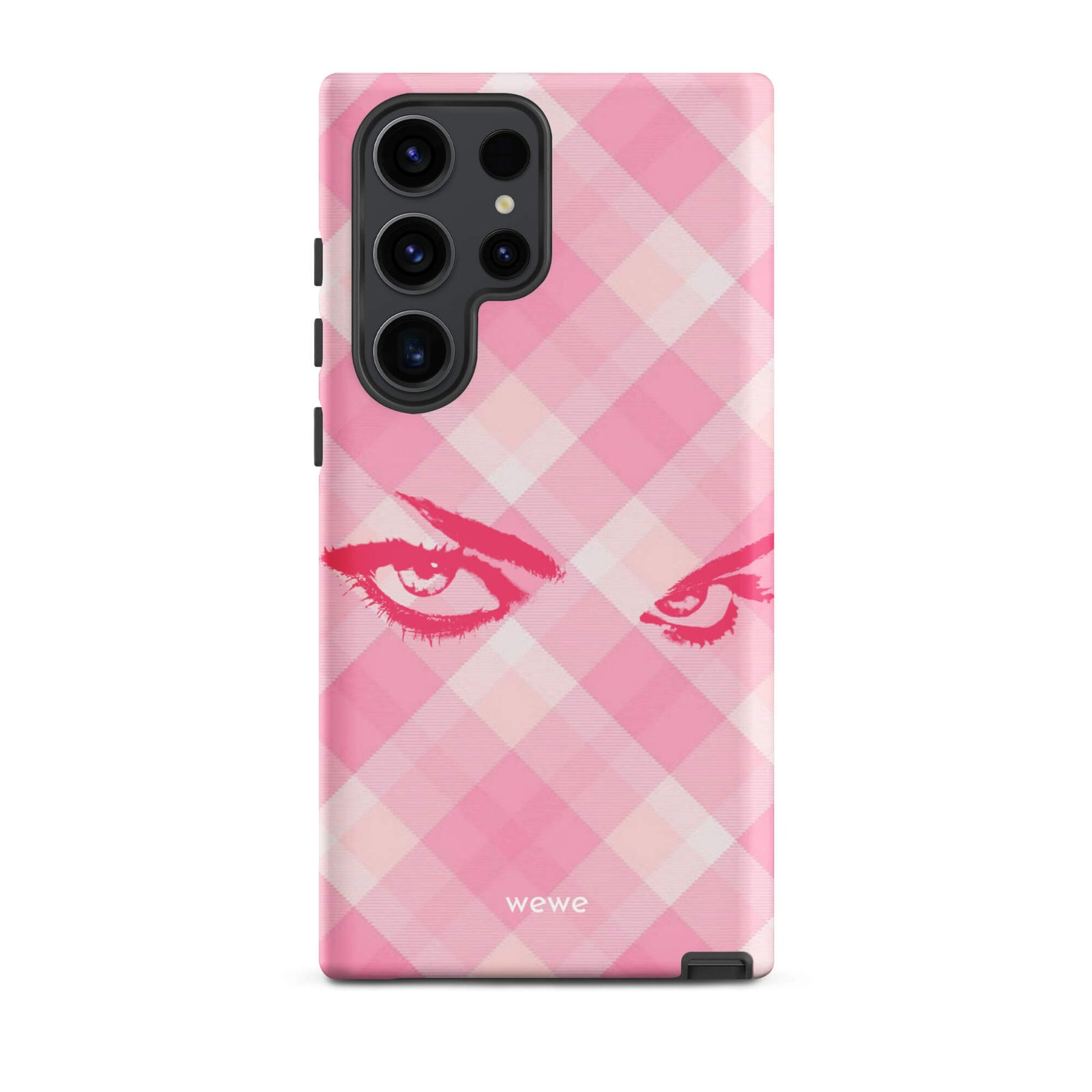 Custom samsung galaxy s23 ultra Phone case with a pink and white gingham checkered pattern and a graphic of intense pink eyes.