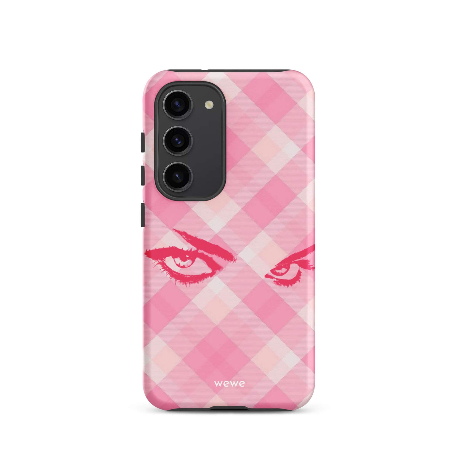 Custom samsung galaxy s23 Phone case with a pink and white gingham checkered pattern and a graphic of intense pink eyes.
