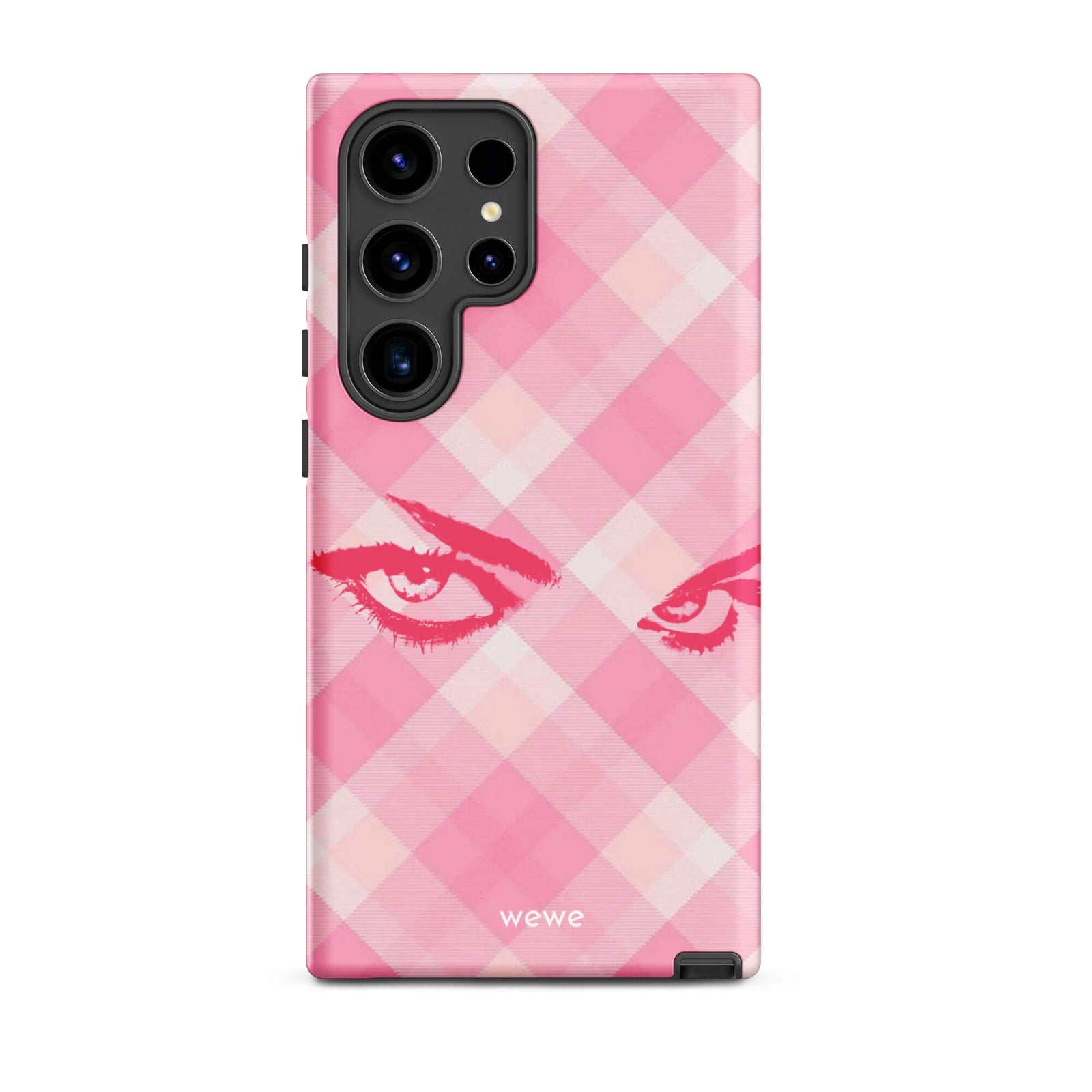 Custom samsung galaxy s24 ultra Phone case with a pink and white gingham checkered pattern and a graphic of intense pink eyes.