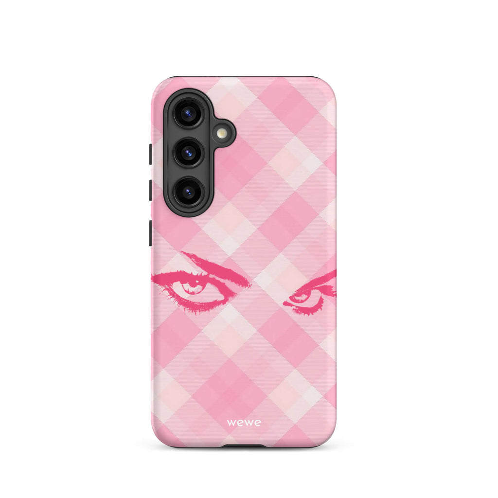 Custom samsung galaxy s24 Phone case with a pink and white gingham checkered pattern and a graphic of intense pink eyes.