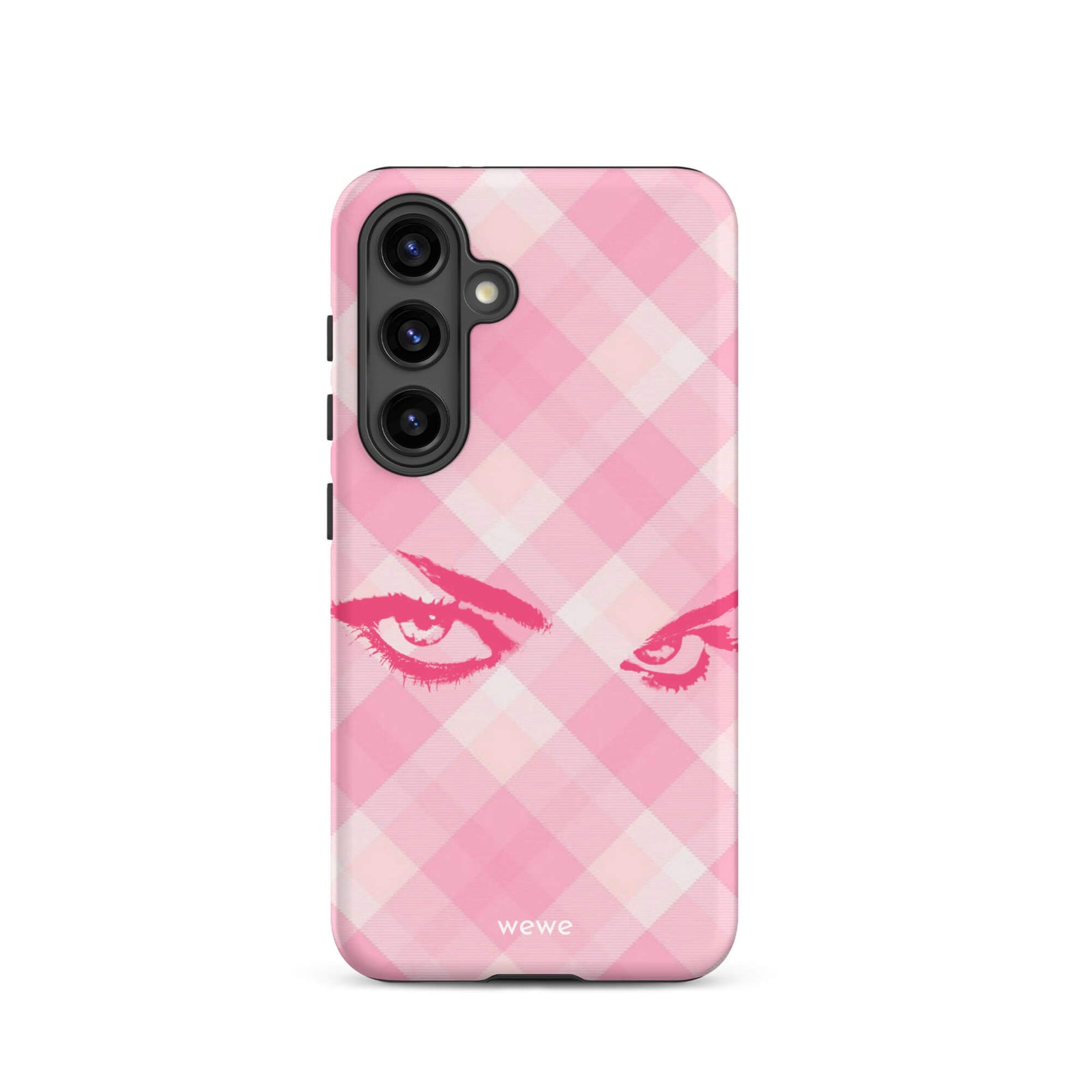 Custom samsung galaxy s24 Phone case with a pink and white gingham checkered pattern and a graphic of intense pink eyes.