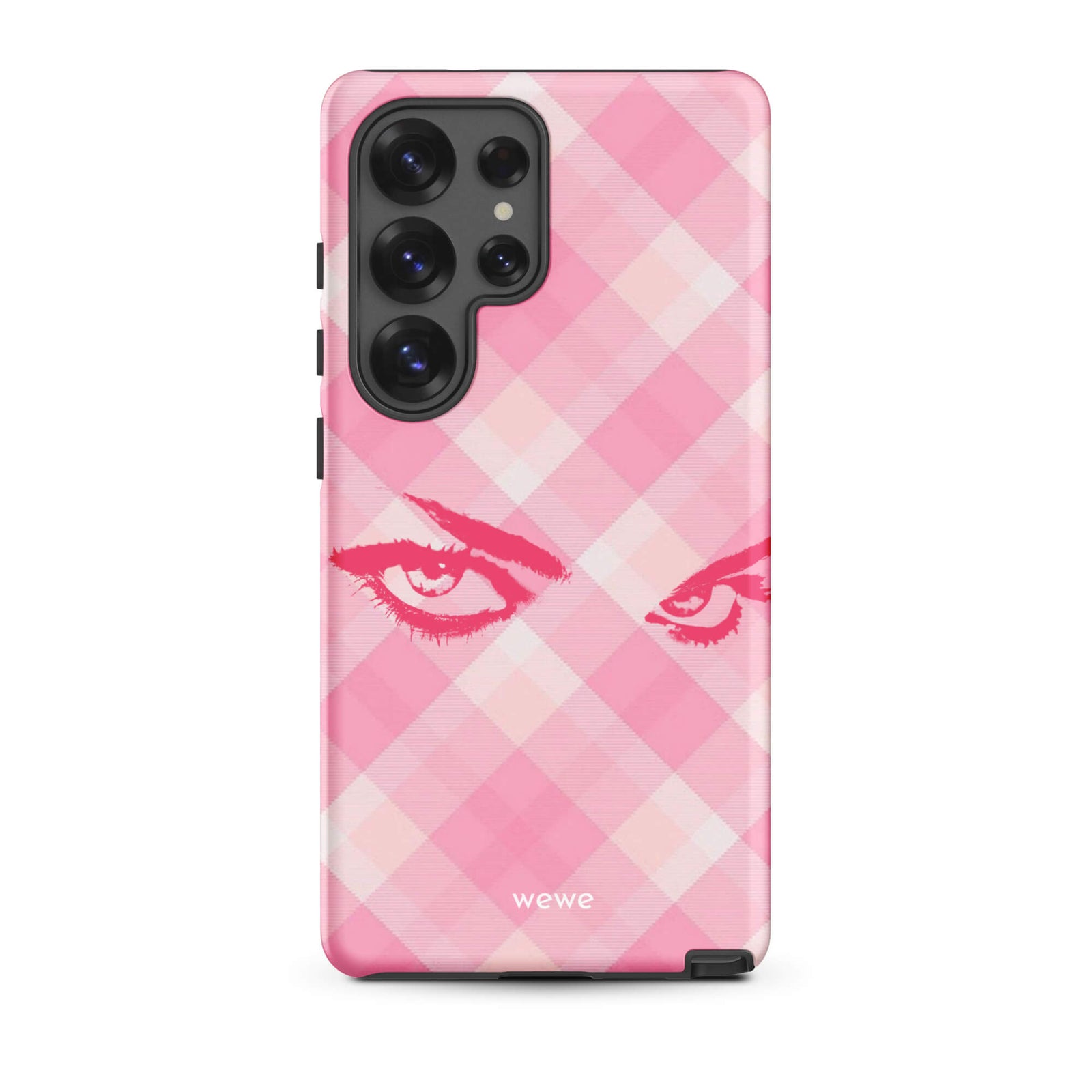 Custom samsung galaxy s25 ultra Phone case with a pink and white gingham checkered pattern and a graphic of intense pink eyes.