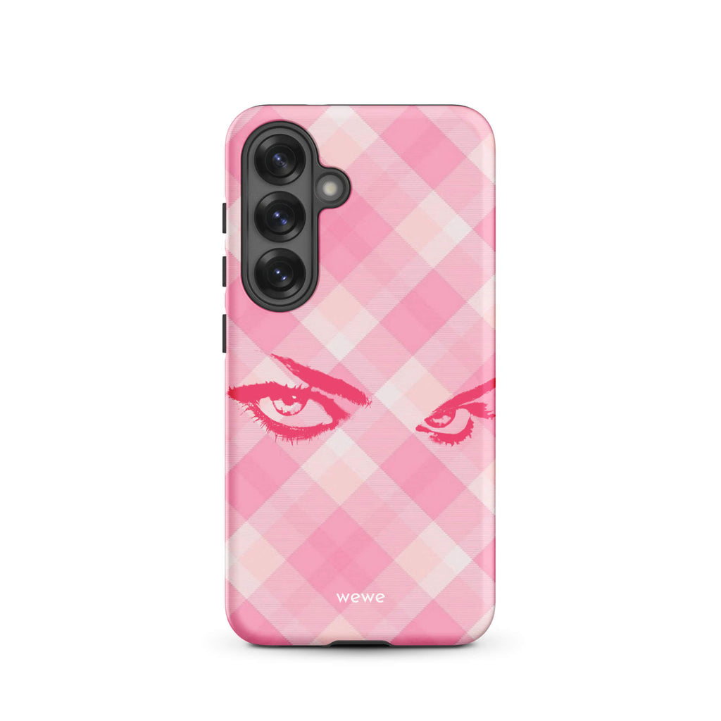 Custom samsung galaxy s25 Phone case with a pink and white gingham checkered pattern and a graphic of intense pink eyes.