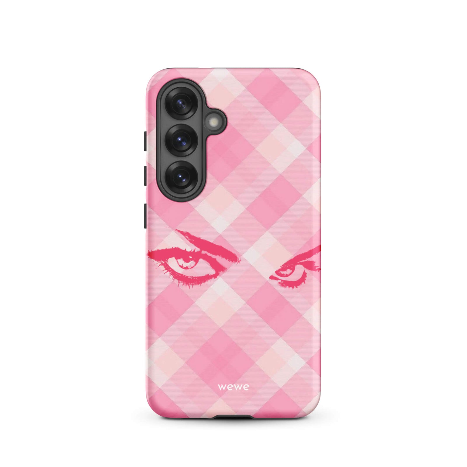 Custom samsung galaxy s25 Phone case with a pink and white gingham checkered pattern and a graphic of intense pink eyes.