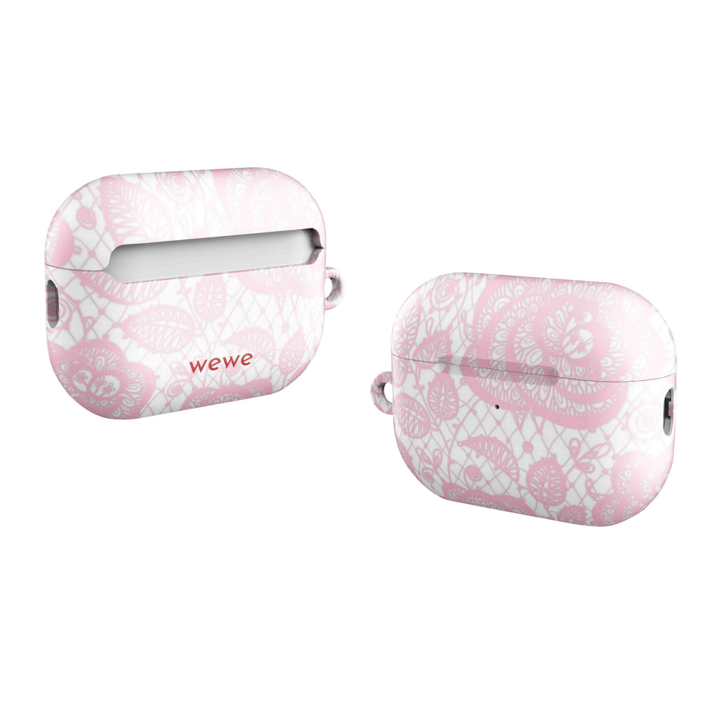 Custom airpods case pro gen2 with a delicate pink and white floral lace pattern featuring roses.