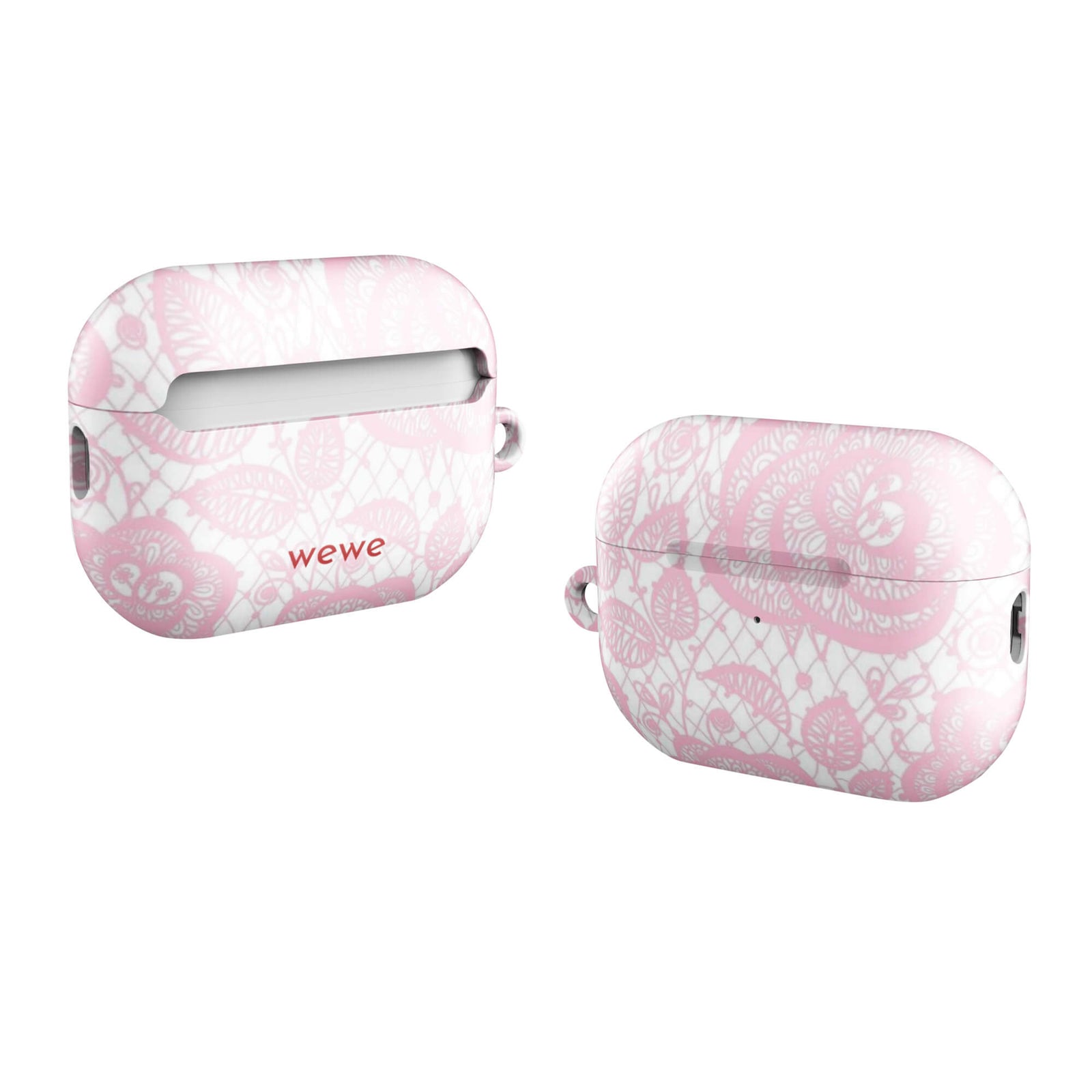 Custom airpods case pro gen2 with a delicate pink and white floral lace pattern featuring roses.