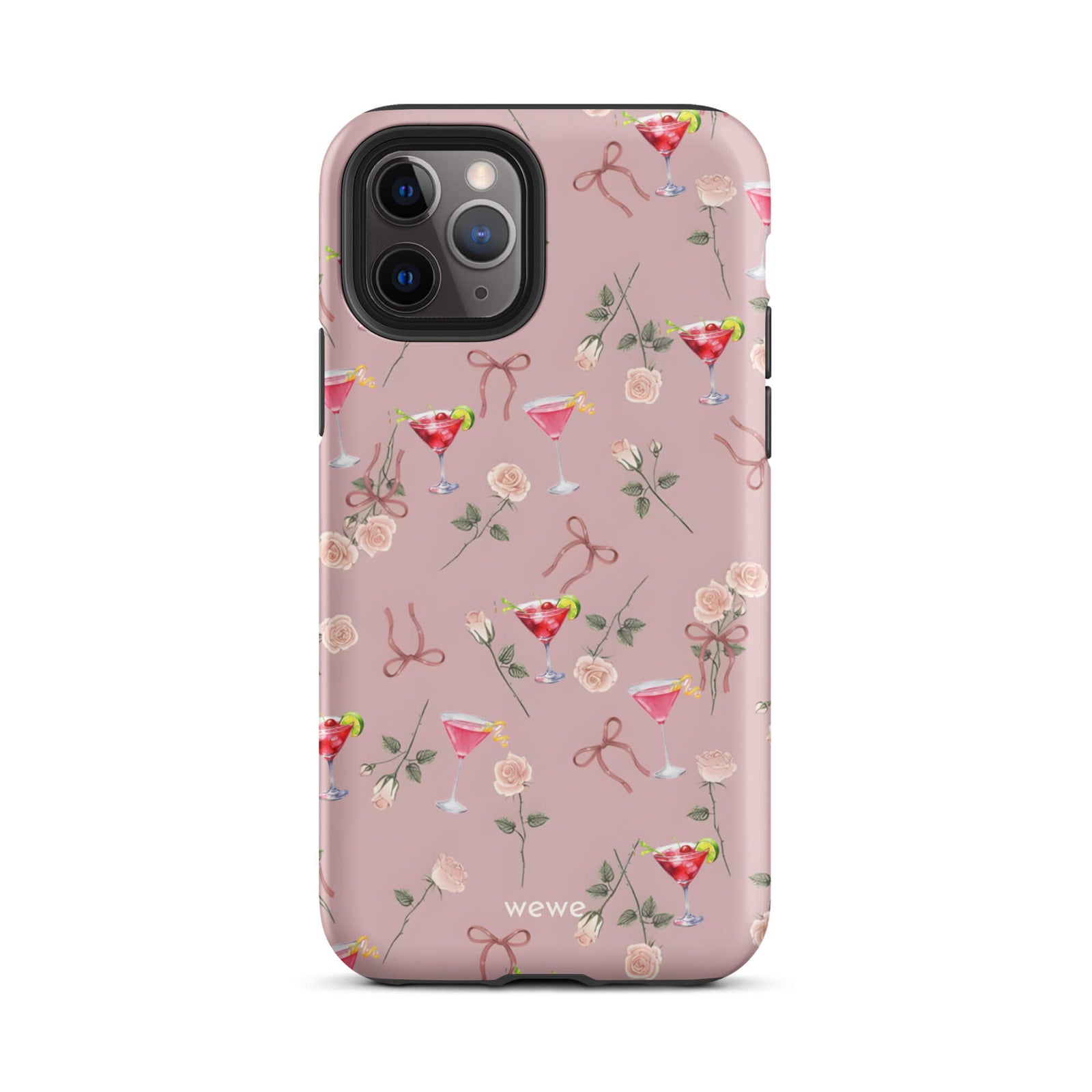 Custom iPhone case 11 pro with a repeating pattern of pink roses, ribbon bows, and red cocktail glasses on a light rose colour background.
