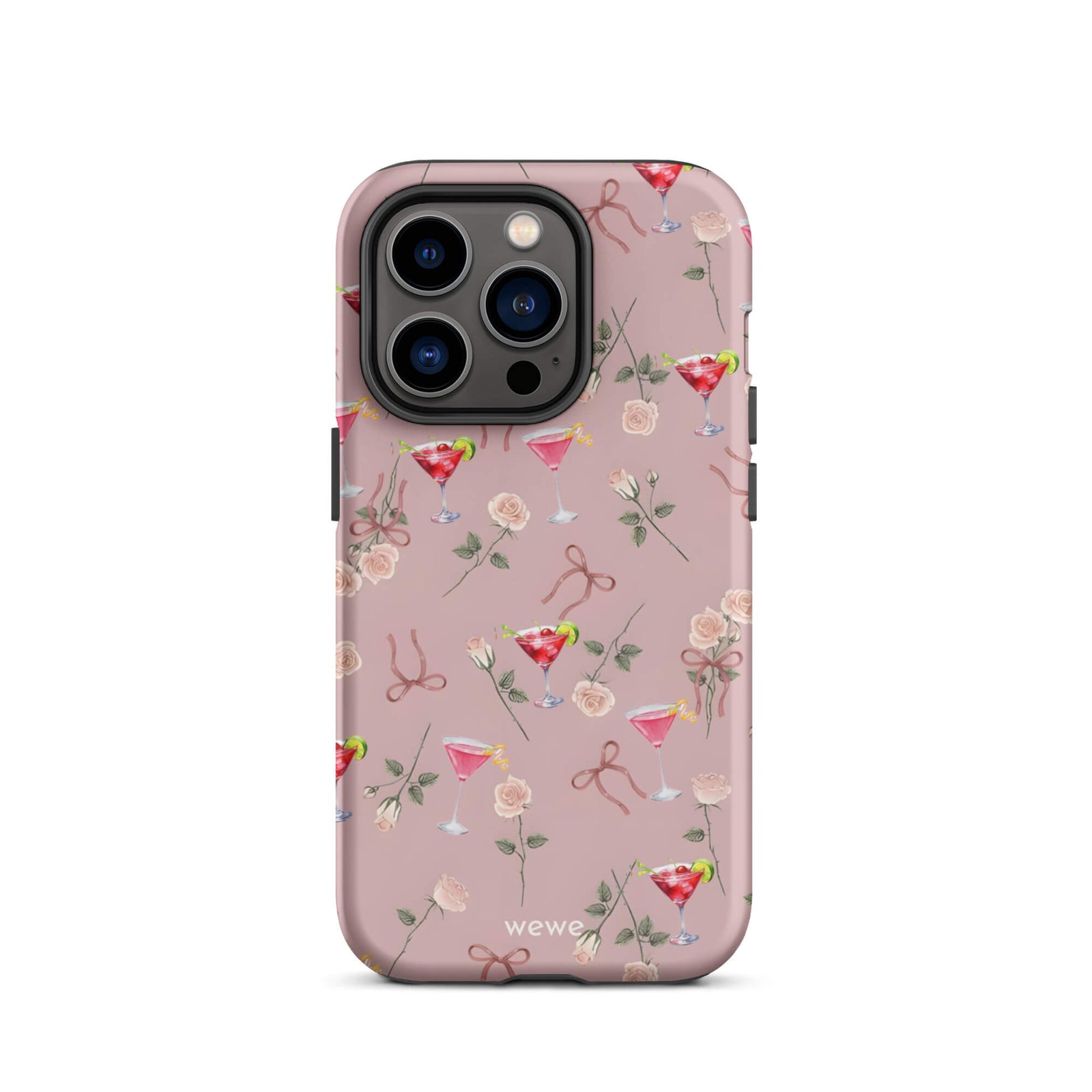 Custom iPhone case 14 pro with a repeating pattern of pink roses, ribbon bows, and red cocktail glasses on a light rose colour background.