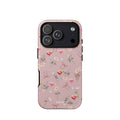 A pink coquette phone case decorated with dainty bows, romantic roses and colorful cocktail  iphone case 17 pro.