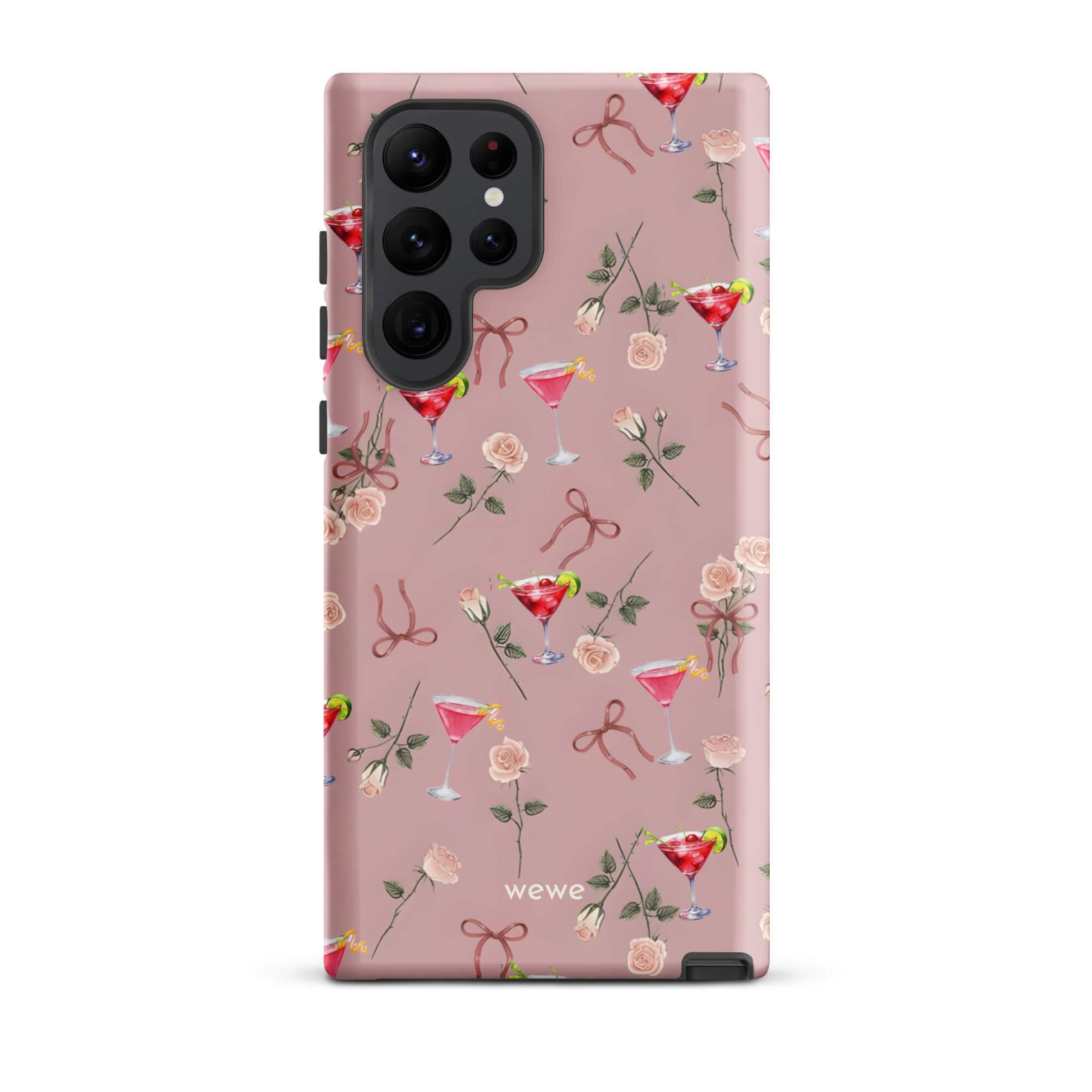 Custom samsung galaxy s22 ultra Phone case with a repeating pattern of pink roses, ribbon bows, and red cocktail glasses on a light rose colour background.