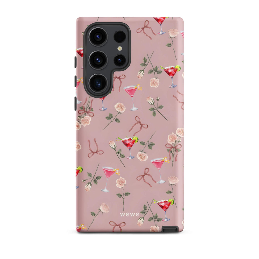 Custom samsung galaxy s23 ultra Phone case with a repeating pattern of pink roses, ribbon bows, and red cocktail glasses on a light rose colour background.