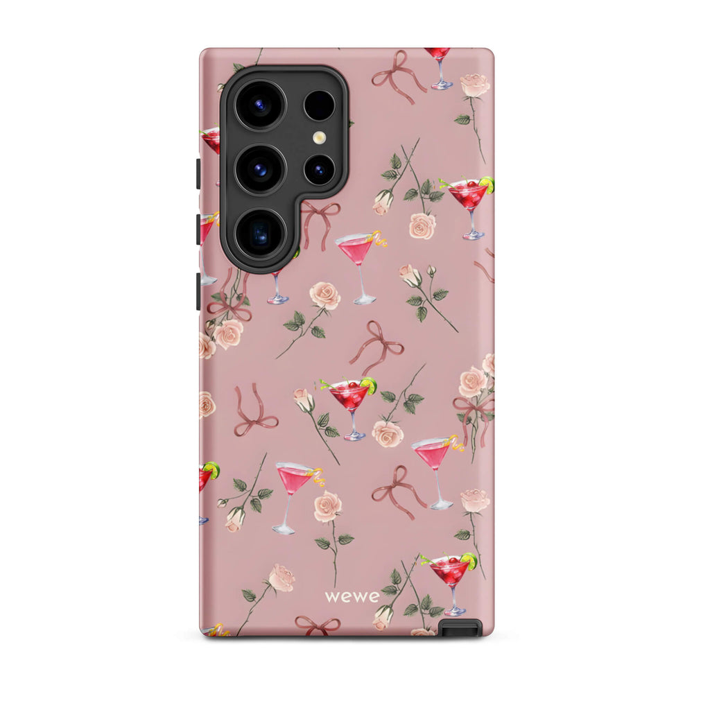 Custom samsung galaxy s24 ultra Phone case with a repeating pattern of pink roses, ribbon bows, and red cocktail glasses on a light rose colour background.