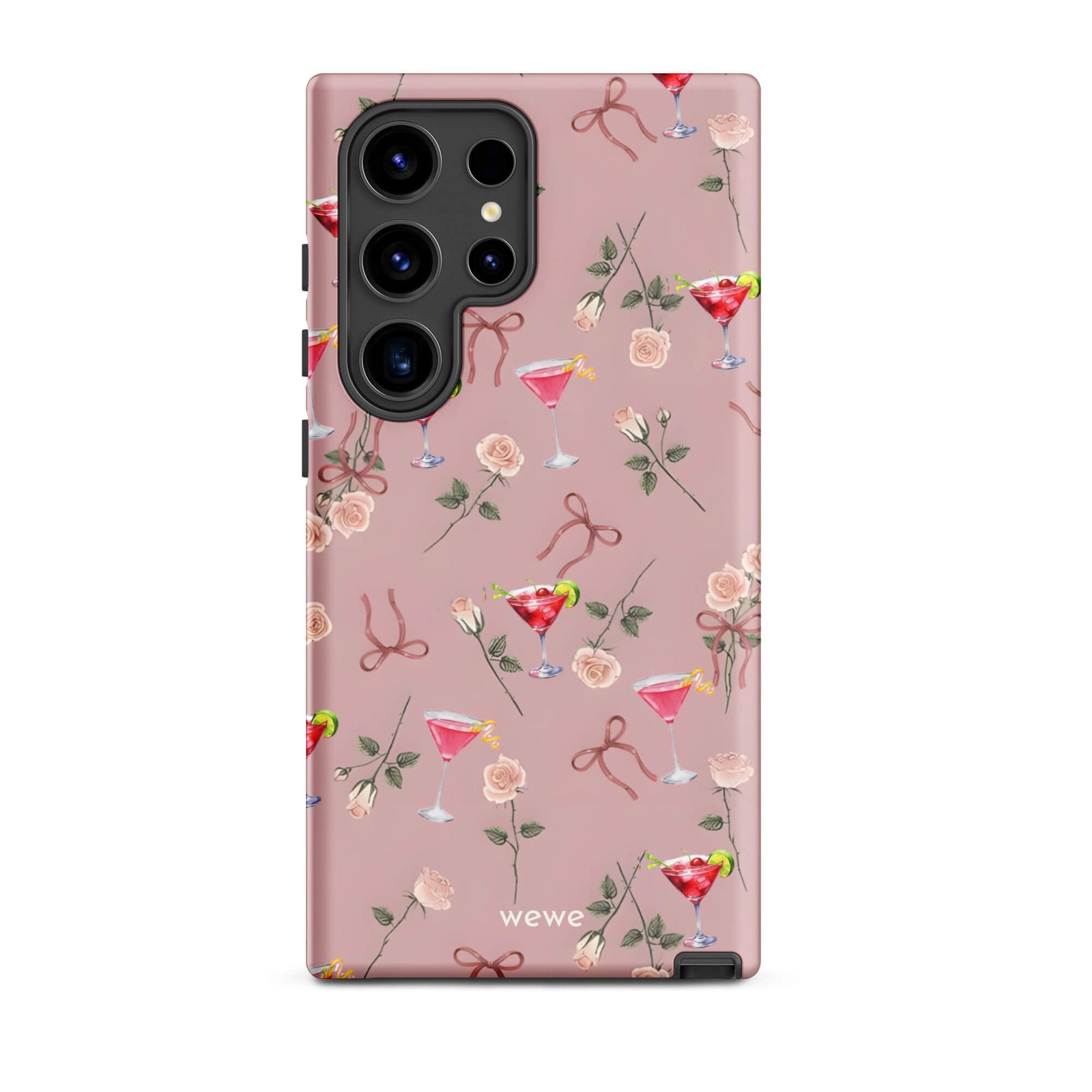Custom samsung galaxy s24 ultra Phone case with a repeating pattern of pink roses, ribbon bows, and red cocktail glasses on a light rose colour background.