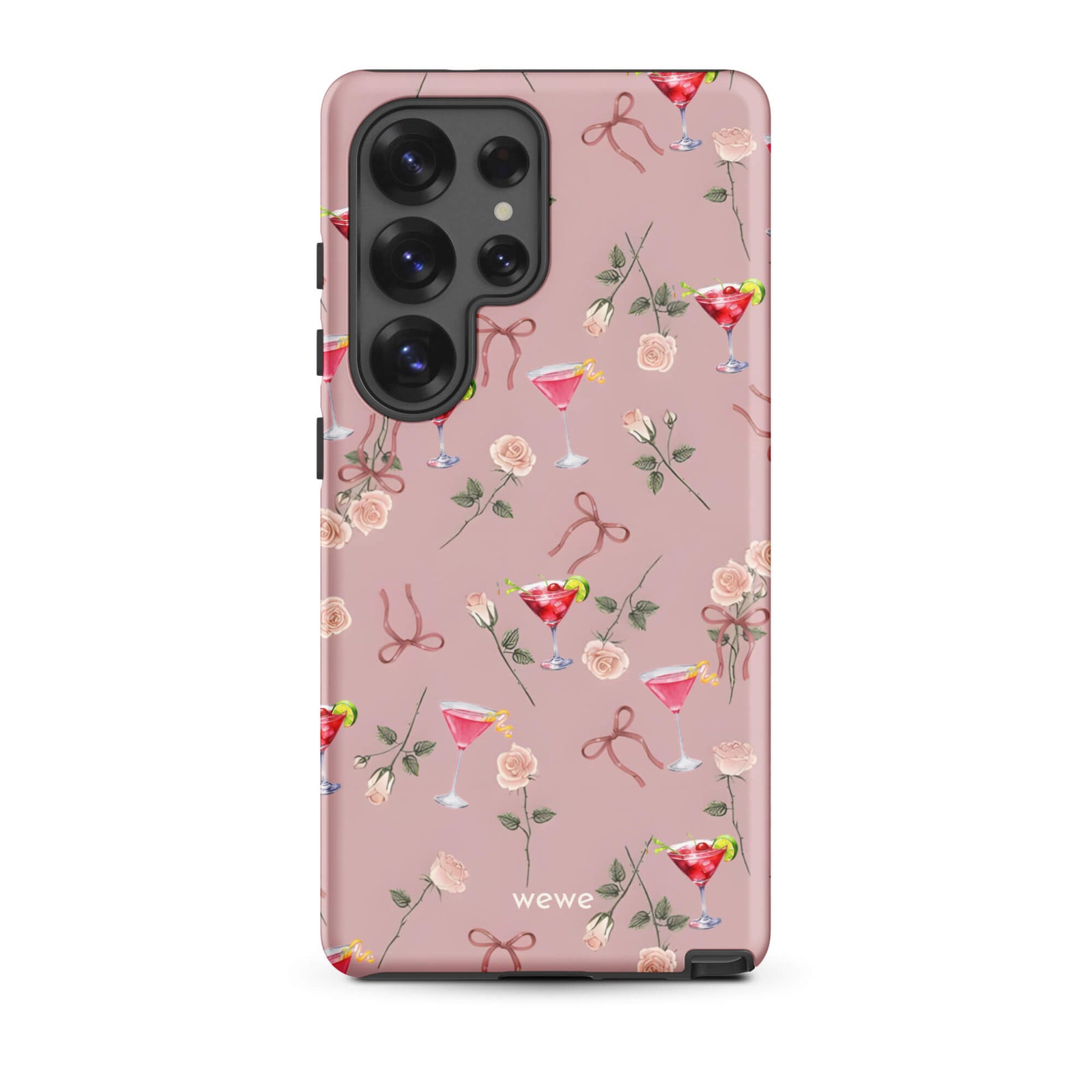 Custom samsung galaxy s25 ultra Phone case with a repeating pattern of pink roses, ribbon bows, and red cocktail glasses on a light rose colour background.