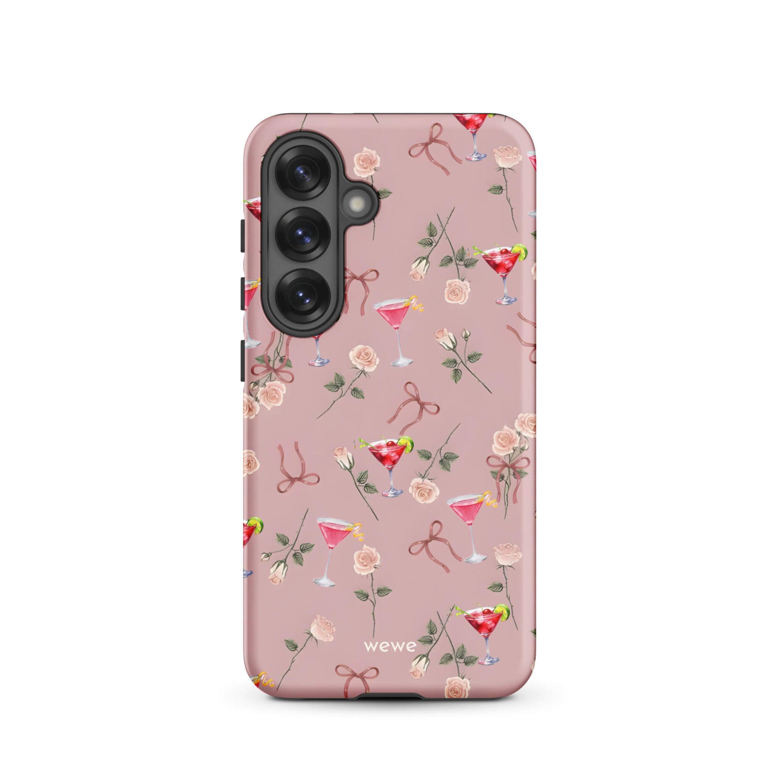 Custom samsung galaxy s25 Phone case with a repeating pattern of pink roses, ribbon bows, and red cocktail glasses on a light rose colour background.