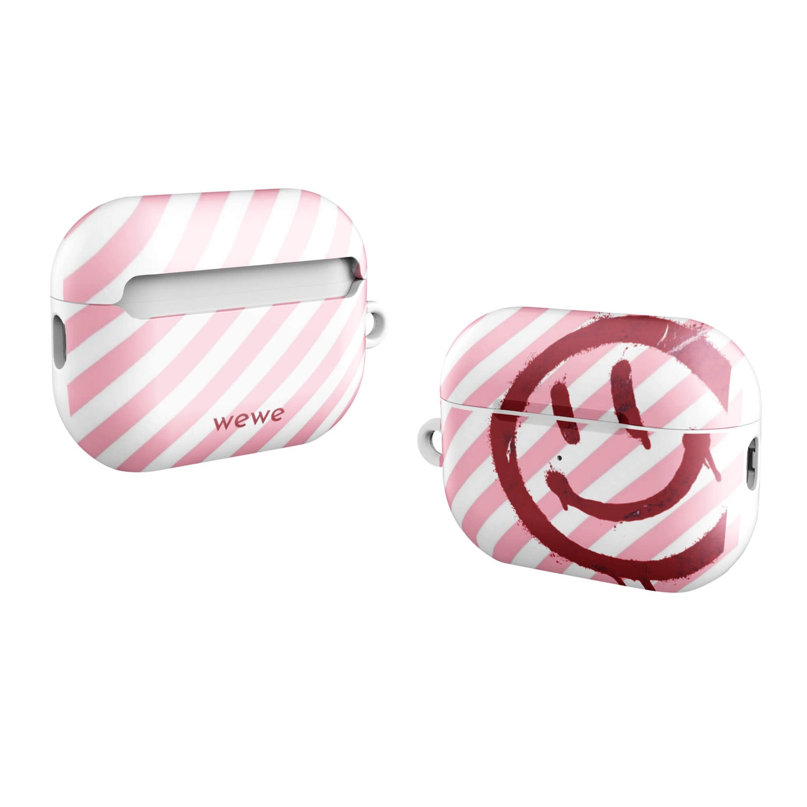 Custom airpods case pro gen2 with a pink and white diagonal stripe background and a red spray paint graffiti smiley face.