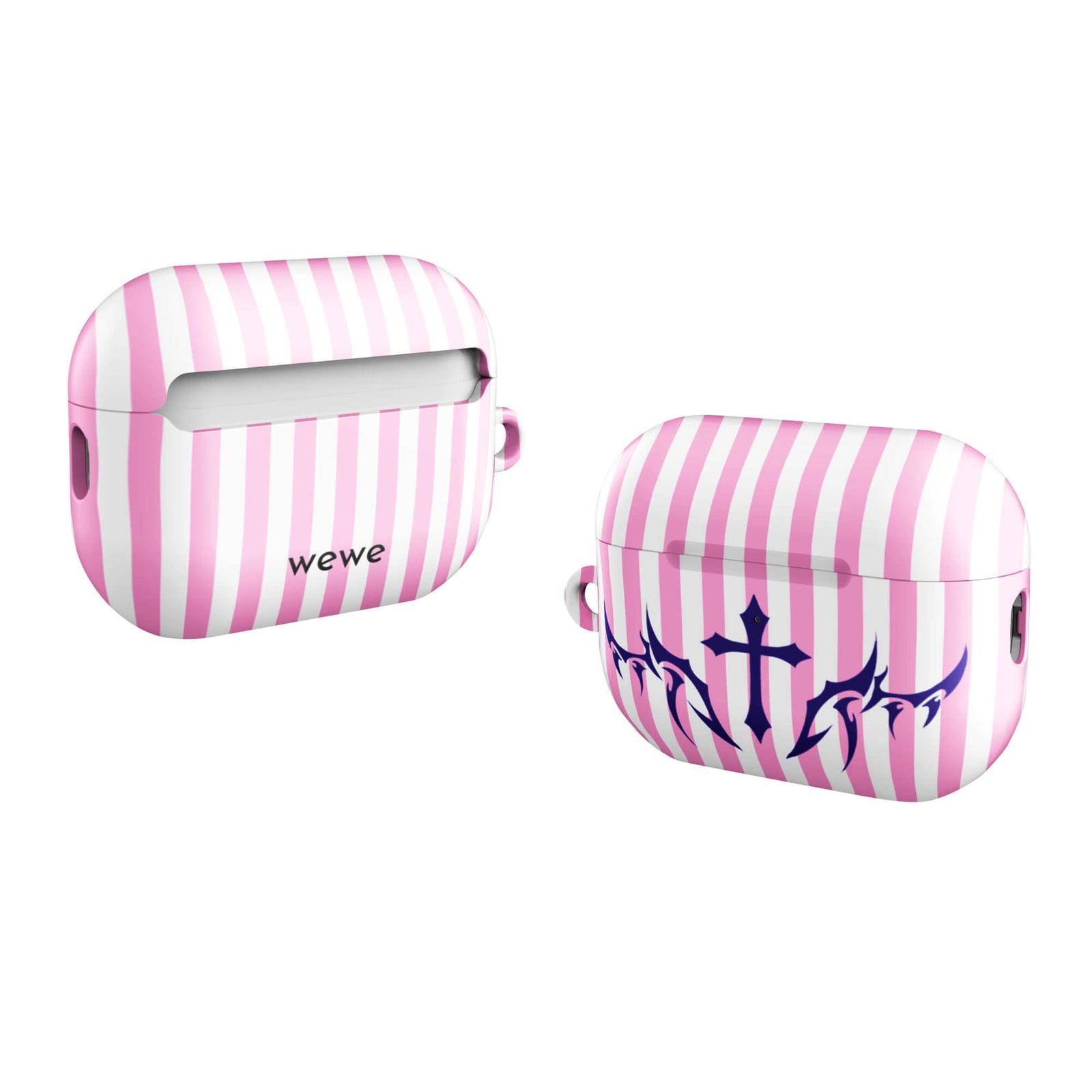 Custom airpods case pro gen2 with vertical pink and white stripes, blue tribal cross design.
