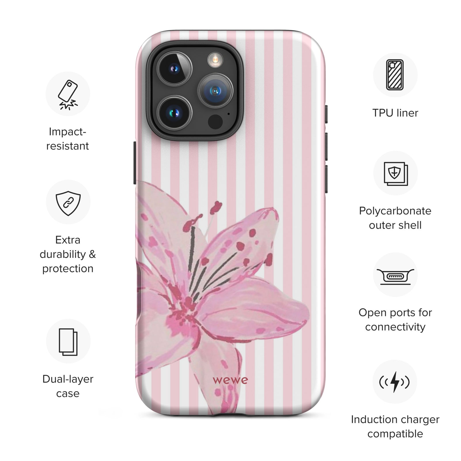 Custom pink lily stripe iPhone case aesthetic design