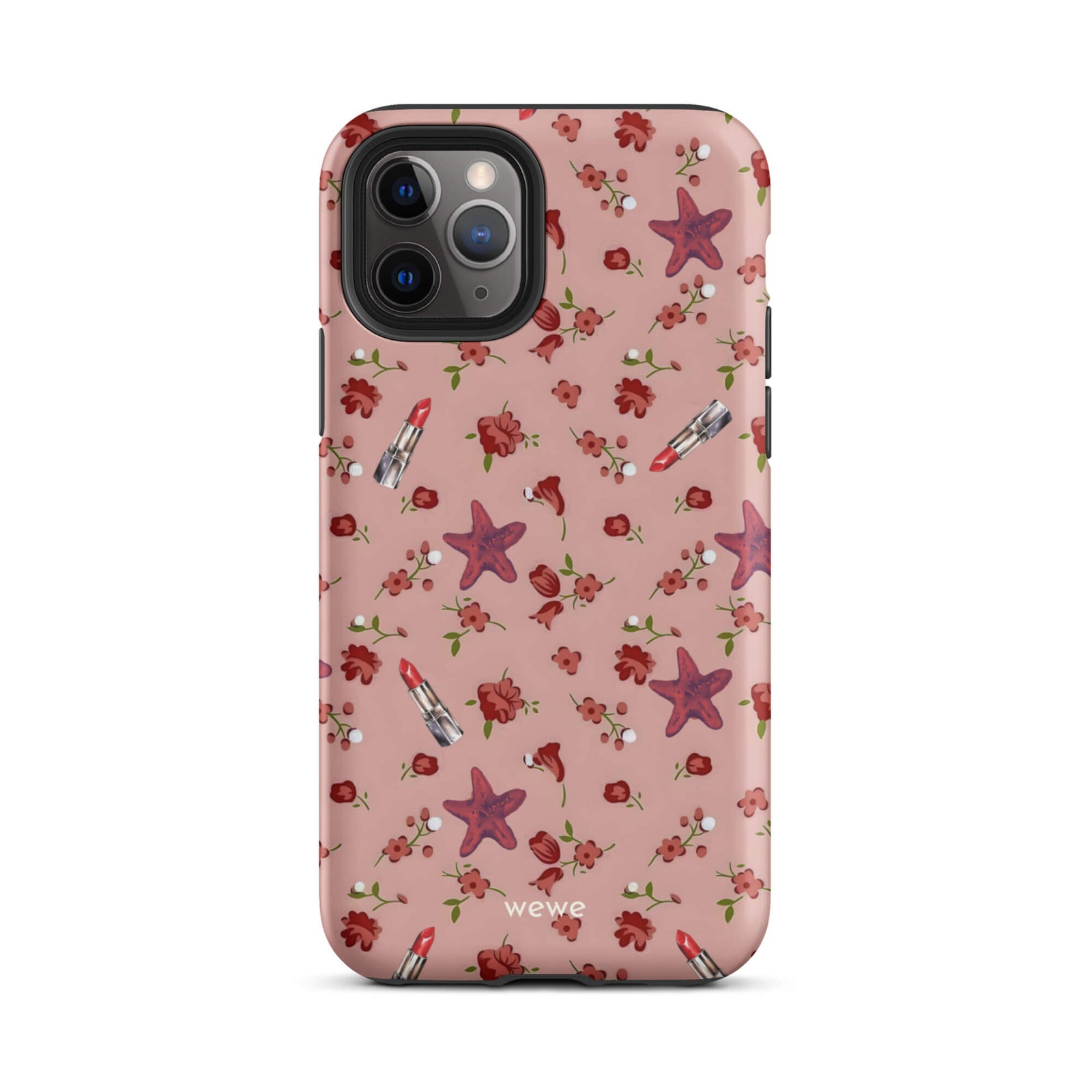 Custom iPhone case 11 pro with a  retro pattern of red flowers, starfish, and lipstick tubes on a pink rose colour background.