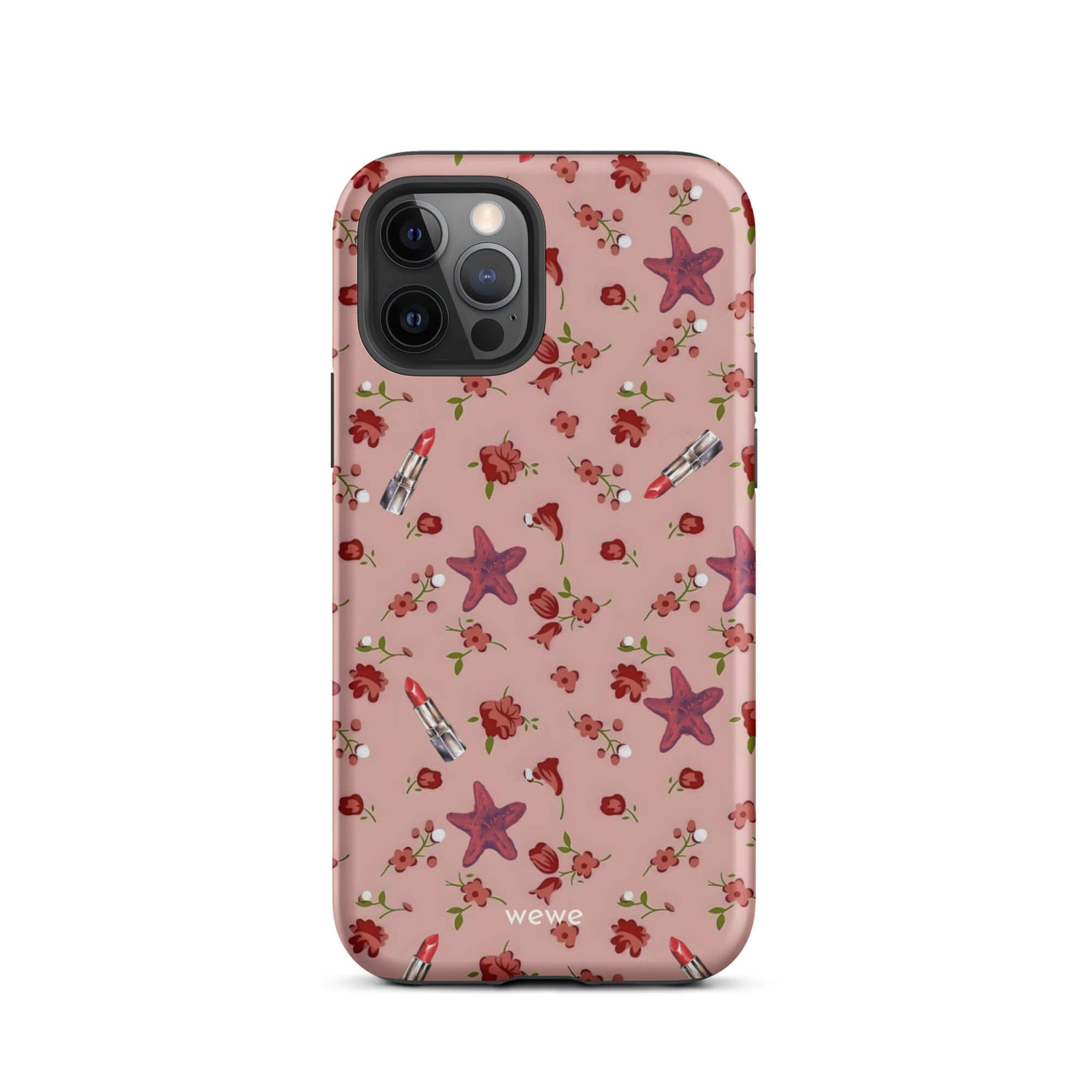 Custom iPhone case 12 pro with a  retro pattern of red flowers, starfish, and lipstick tubes on a pink rose colour background.