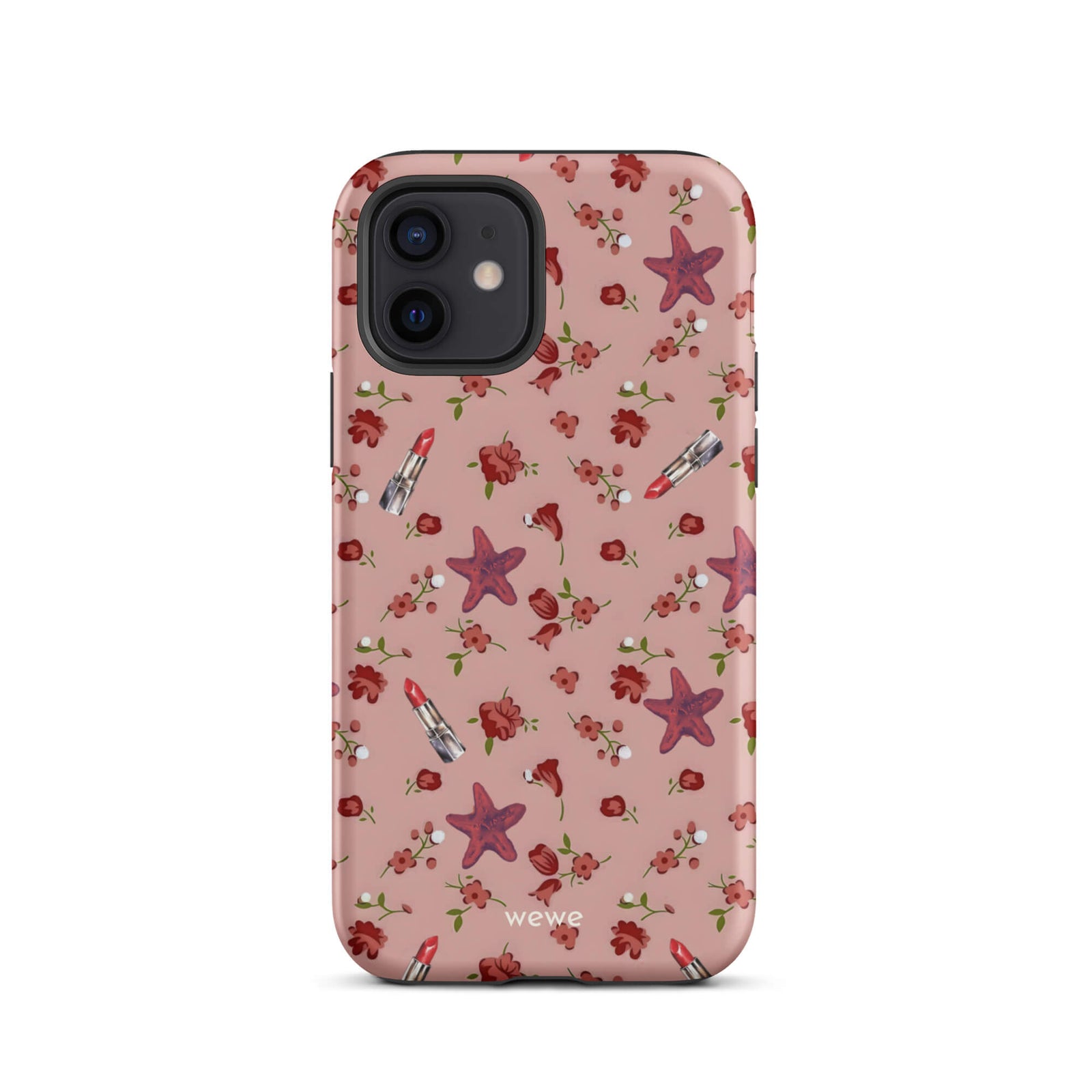 Custom iPhone case 12 with a  retro pattern of red flowers, starfish, and lipstick tubes on a pink rose colour background.