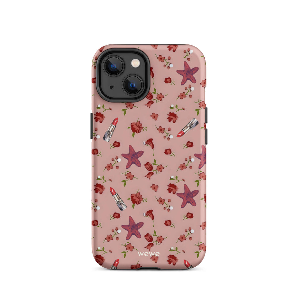 Custom iPhone case 14 with a  retro pattern of red flowers, starfish, and lipstick tubes on a pink rose colour background.