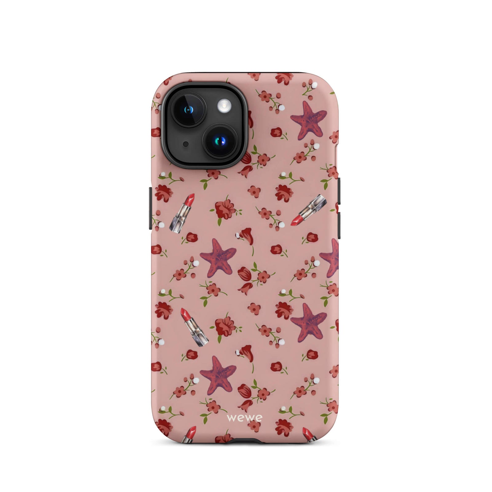 Custom iPhone case 15 with a  retro pattern of red flowers, starfish, and lipstick tubes on a pink rose colour background.