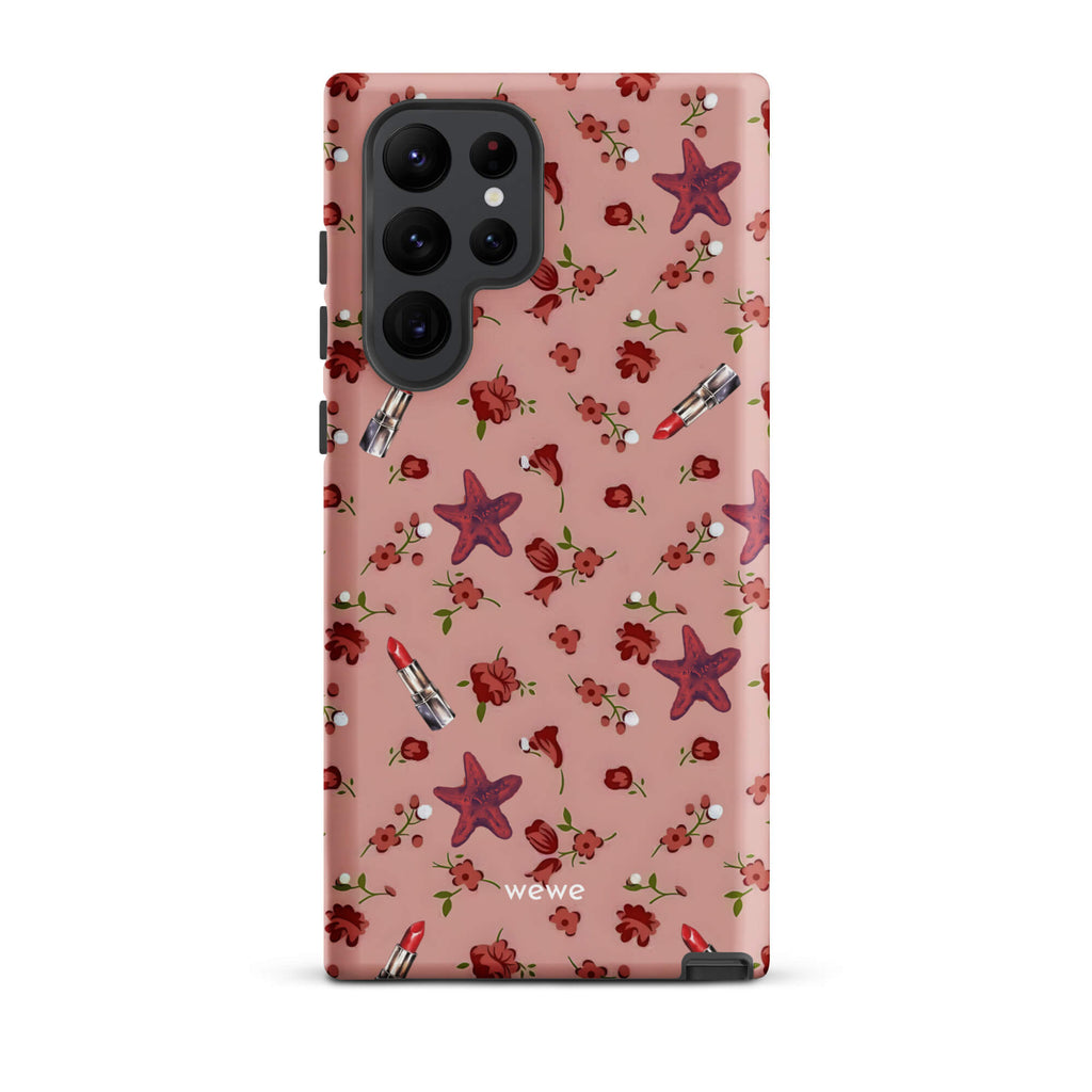 Custom samsung galaxy s22 ultra Phone case with a  retro pattern of red flowers, starfish, and lipstick tubes on a pink rose colour background.