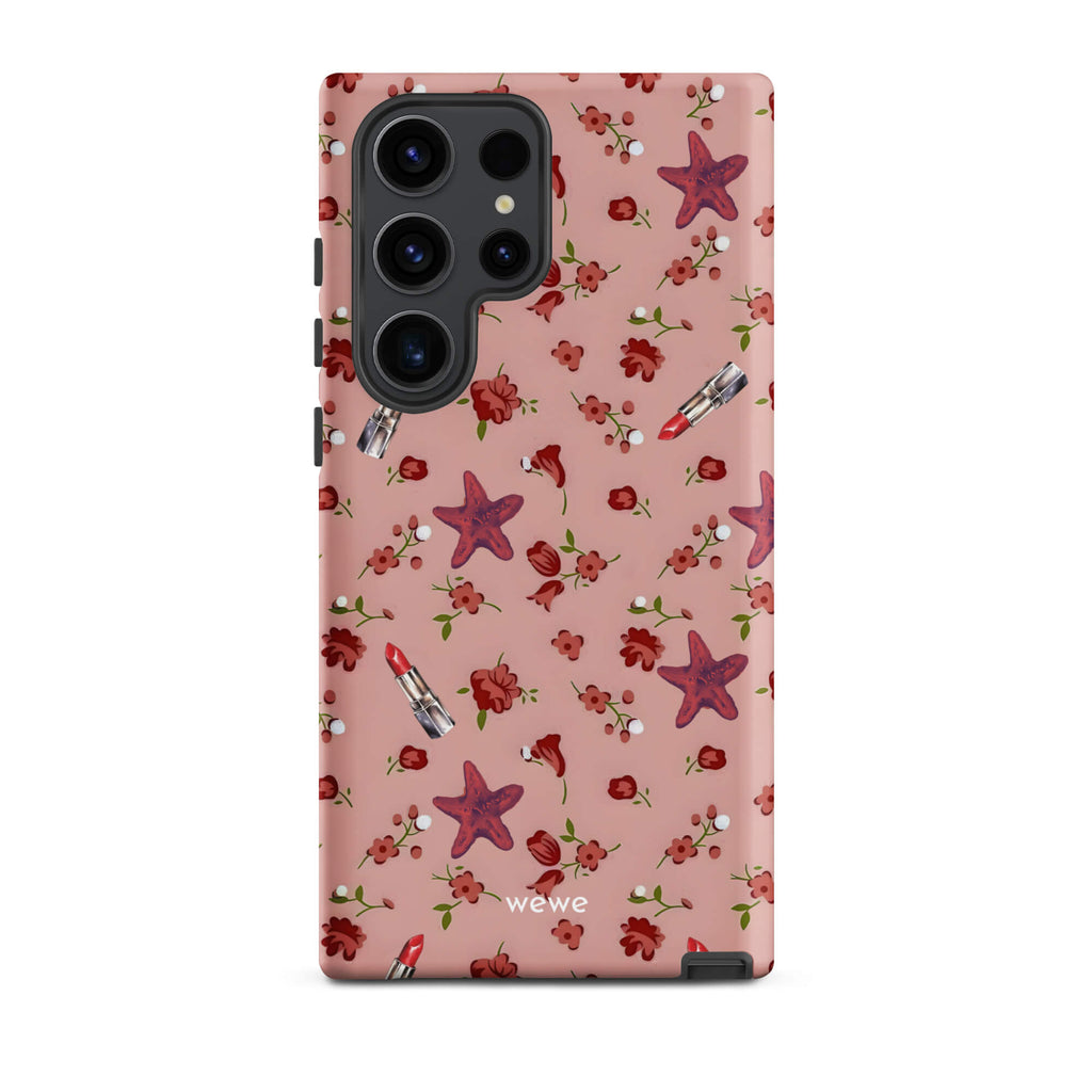 Custom samsung galaxy s23 ultra Phone case with a  retro pattern of red flowers, starfish, and lipstick tubes on a pink rose colour background.