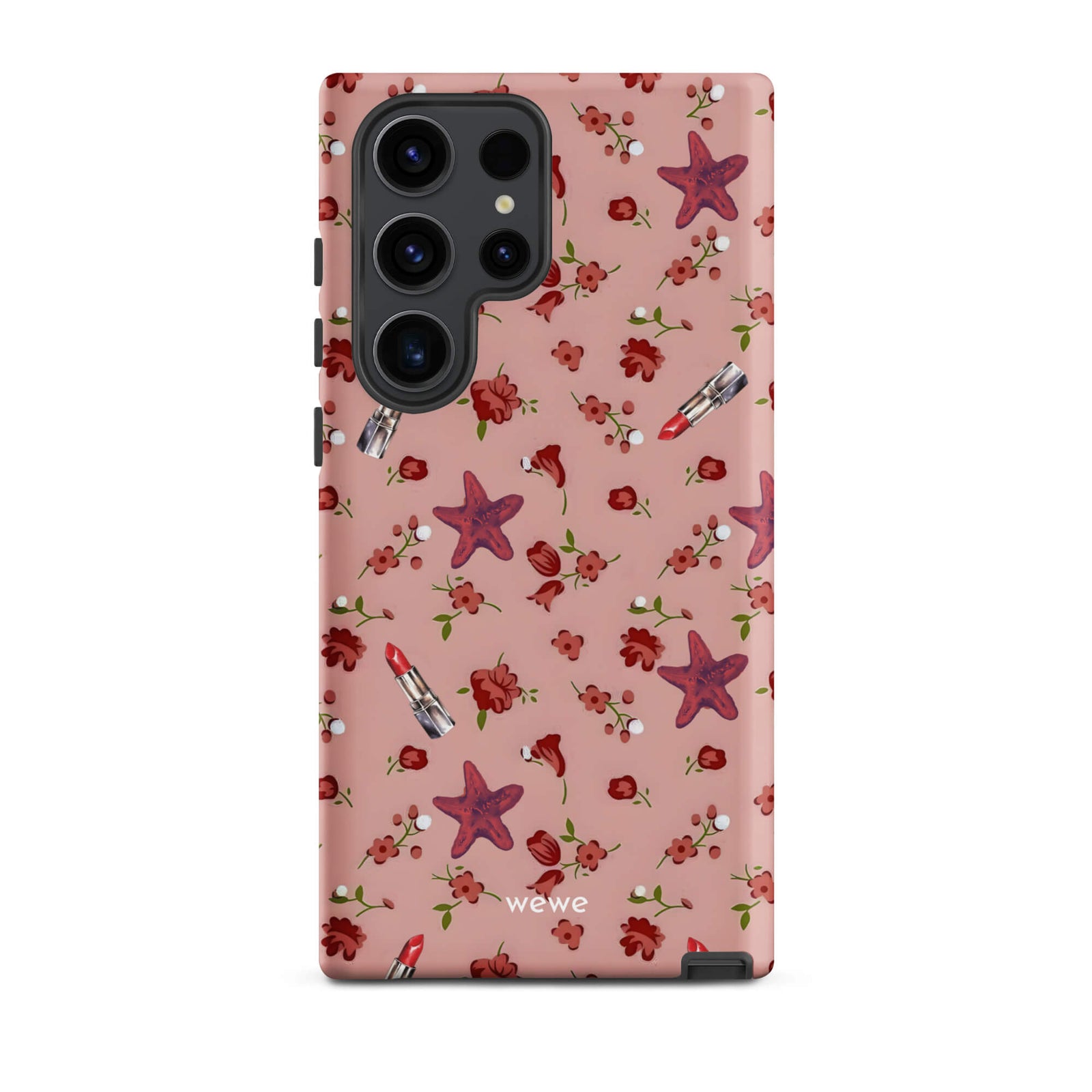 Custom samsung galaxy s23 ultra Phone case with a  retro pattern of red flowers, starfish, and lipstick tubes on a pink rose colour background.